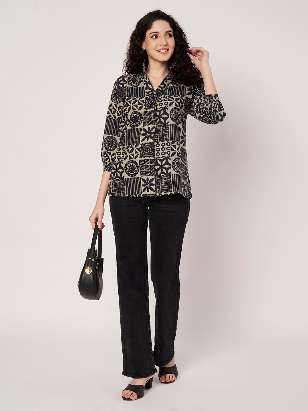 Navy Blue Printed V-Neck Cotton Top
