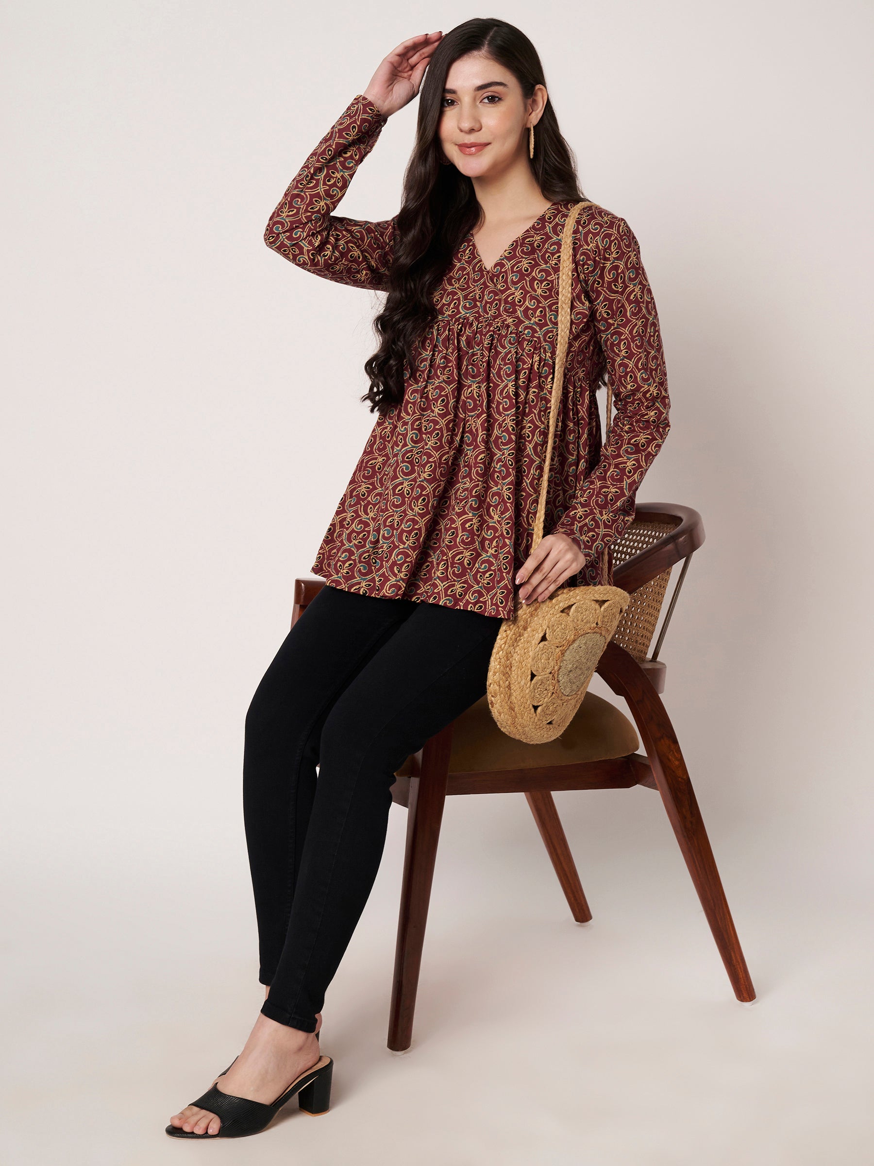 Maroon Printed Alia-Cut Cotton Top