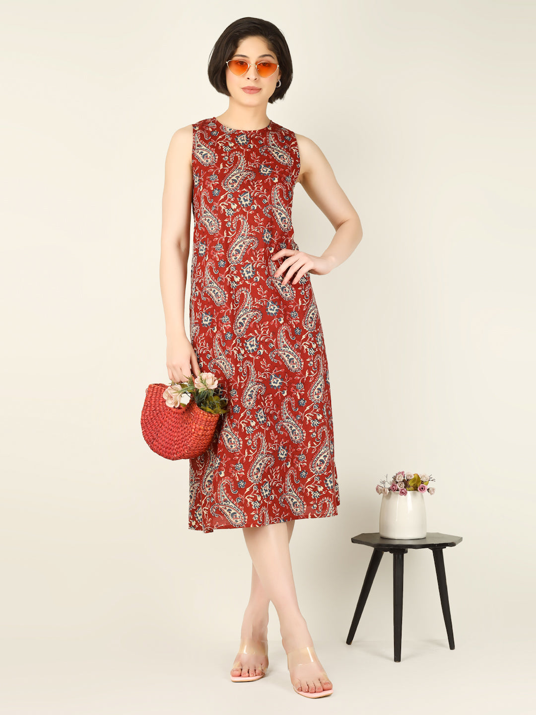 Maroon Printed Sleeveless A-Line Cotton Dress