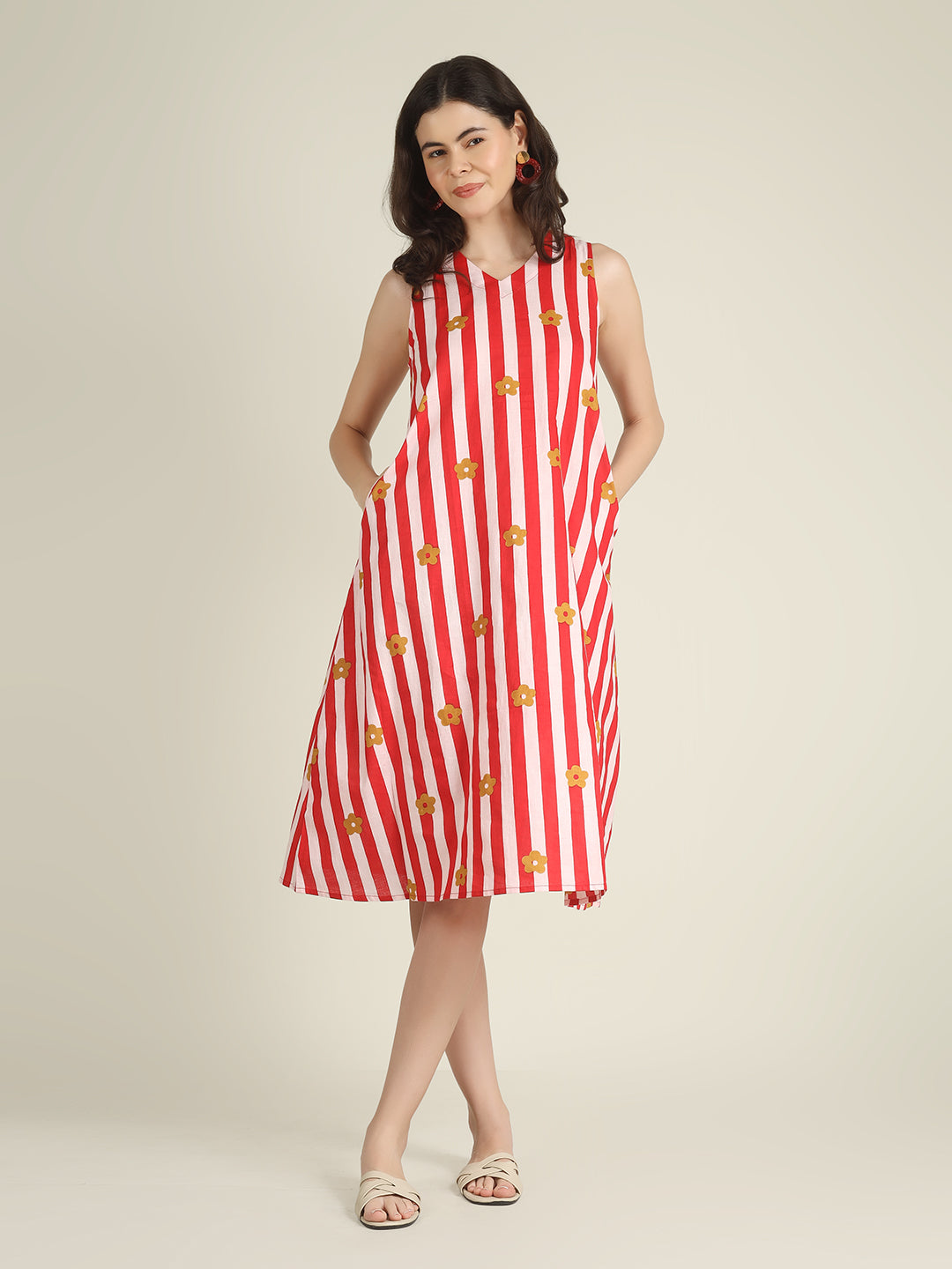 Red Striped Sleeveless V-Neck A-Line Cotton Dress