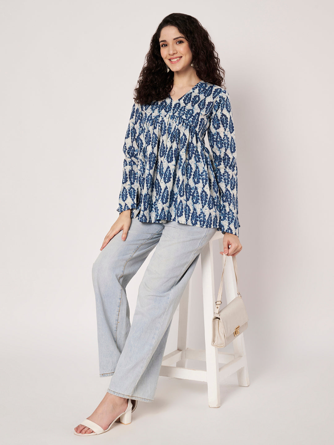 White & Blue Printed Alia-Cut Cotton Top
