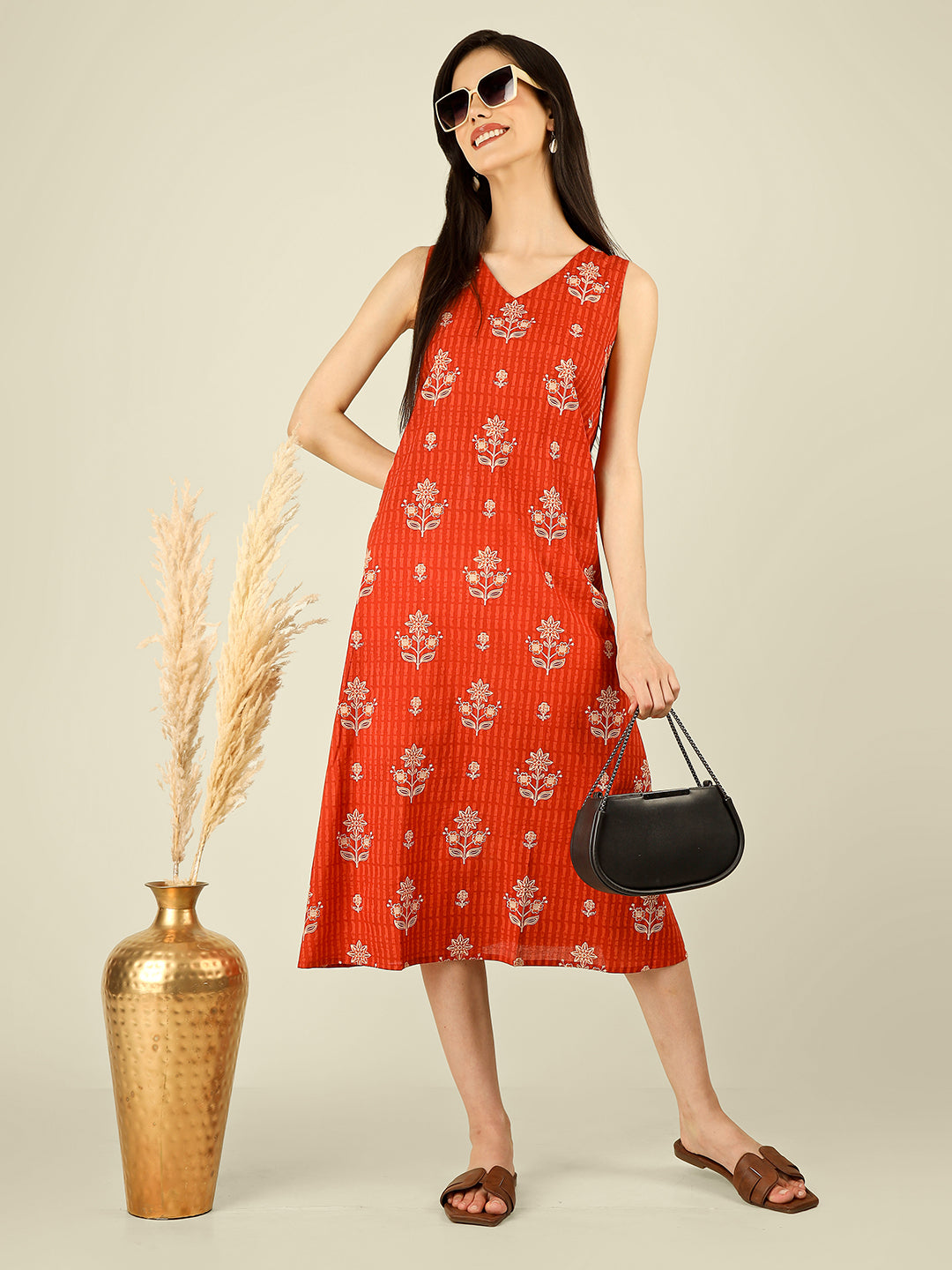 Orange Printed V-Neck Sleeveless A-Line Cotton Dress