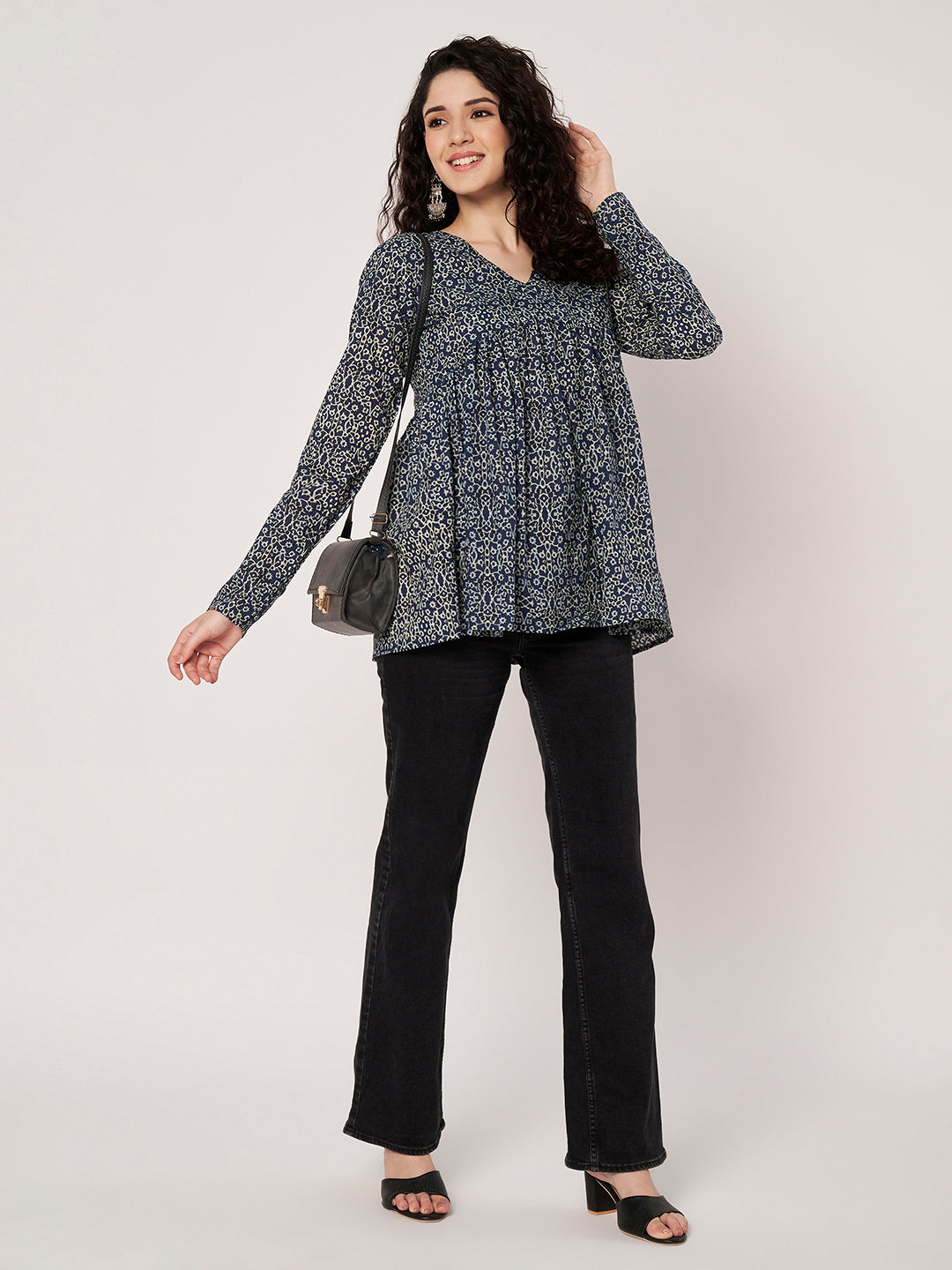 Dark Blue Printed Alia-Cut Cotton Top