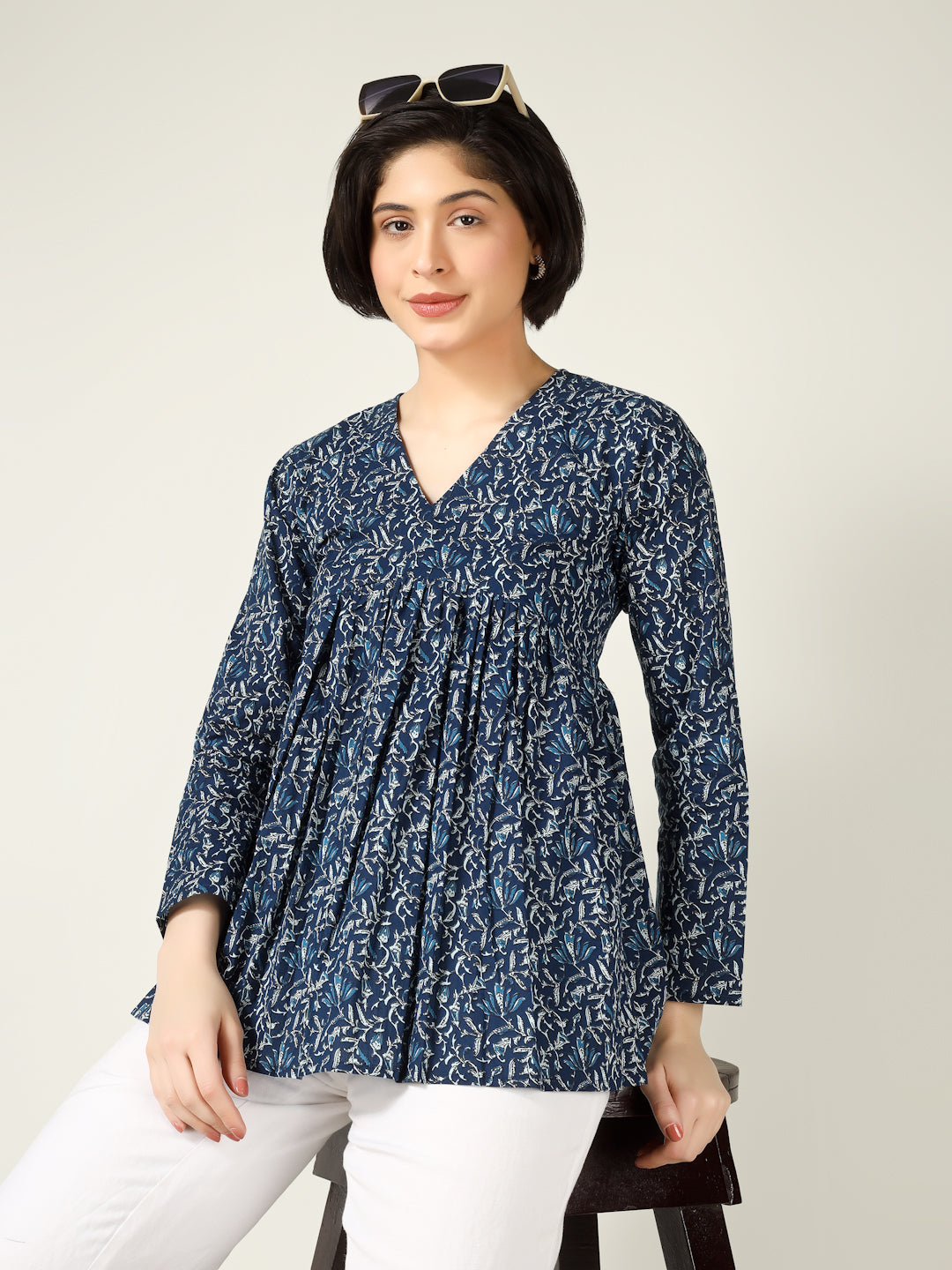 Blue Printed Full-Sleeve Alia-Cut Cotton Top