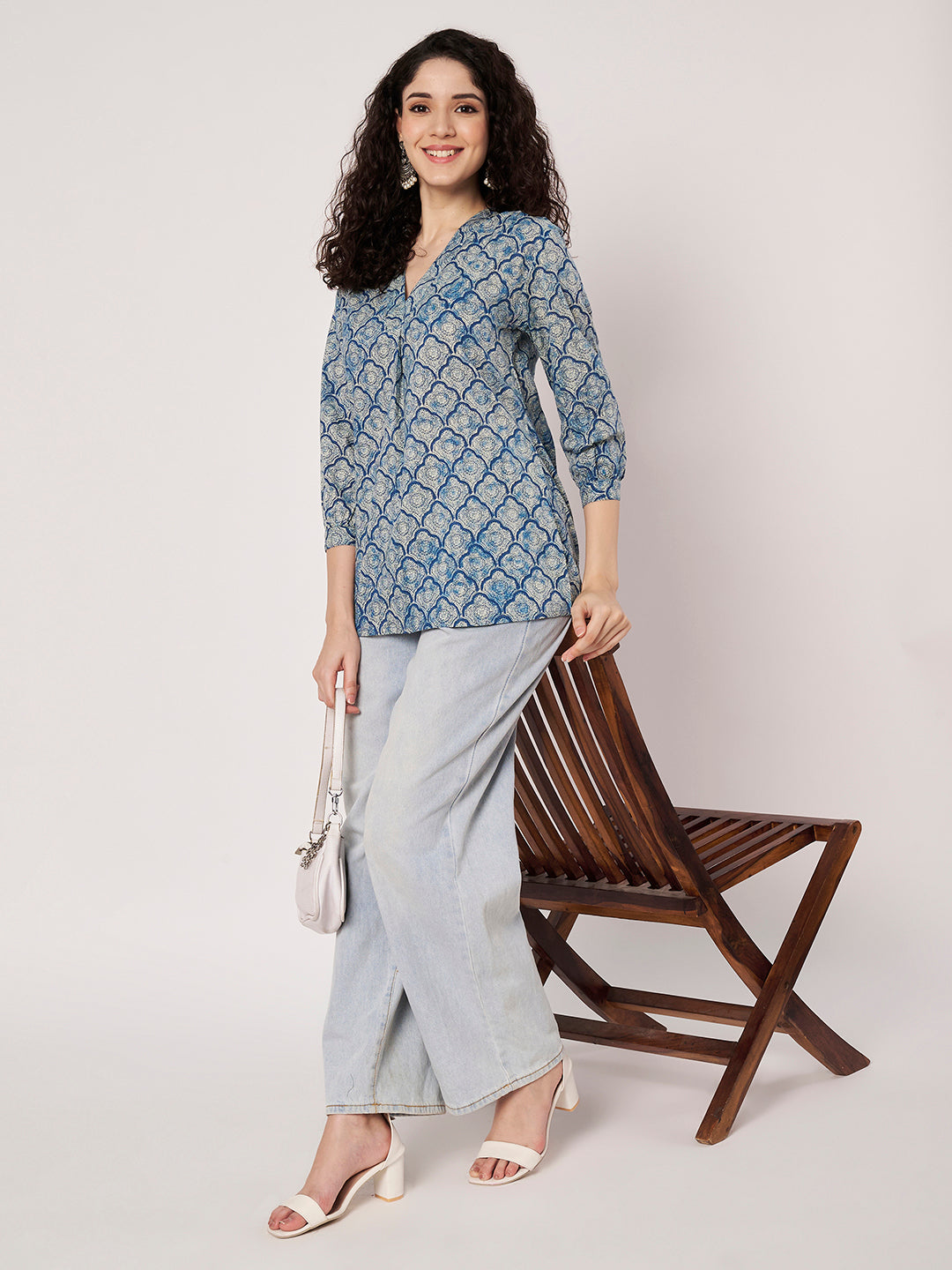Light Blue Printed V-Neck Cotton Top