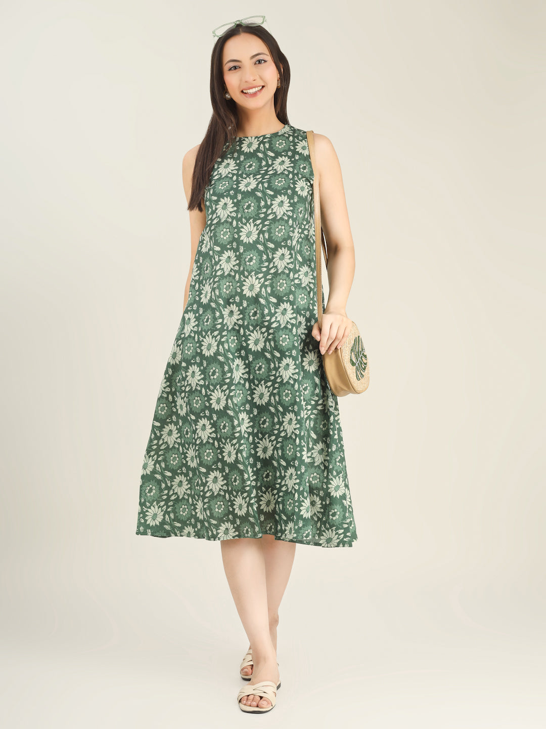Green Printed Sleeveless A-Line Cotton Dress