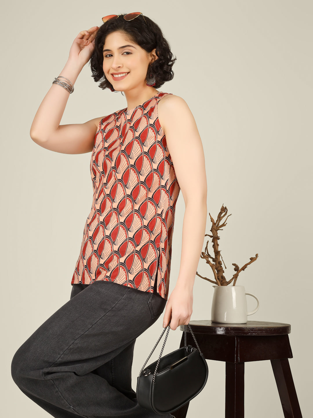 Red Printed Round Neck Sleeveless Cotton Top