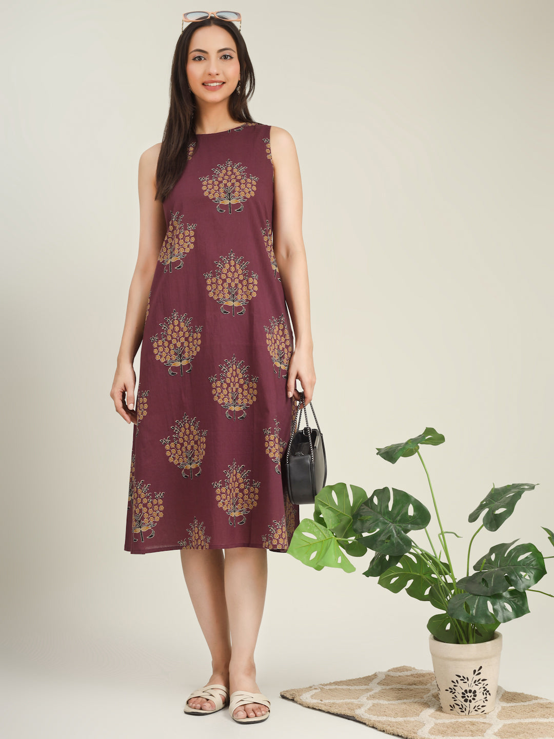 Purple Printed Sleeveless A-Line Cotton Dress