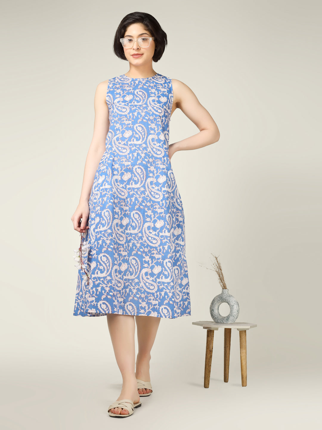 Lavender Printed Sleeveless A-Line Cotton Dress
