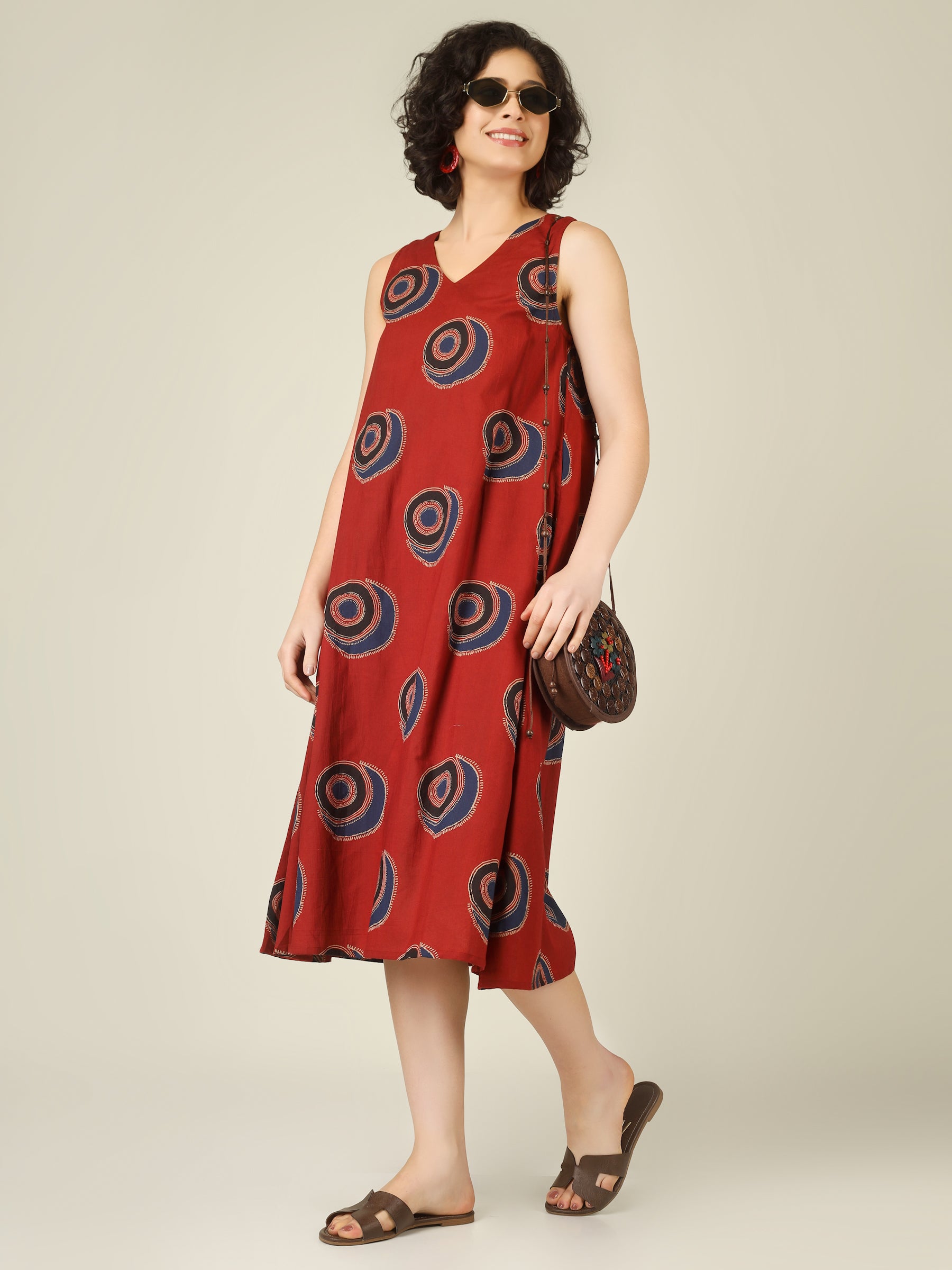 Maroon Printed V-Neck Sleeveless A-Line Cotton Dress