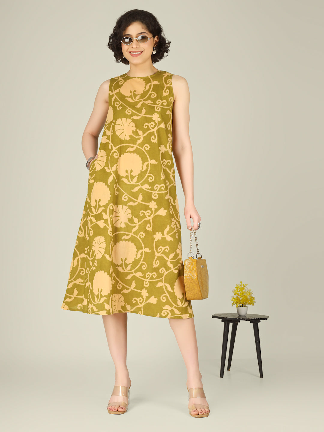 Green Printed Sleeveless A-Line Cotton Dress