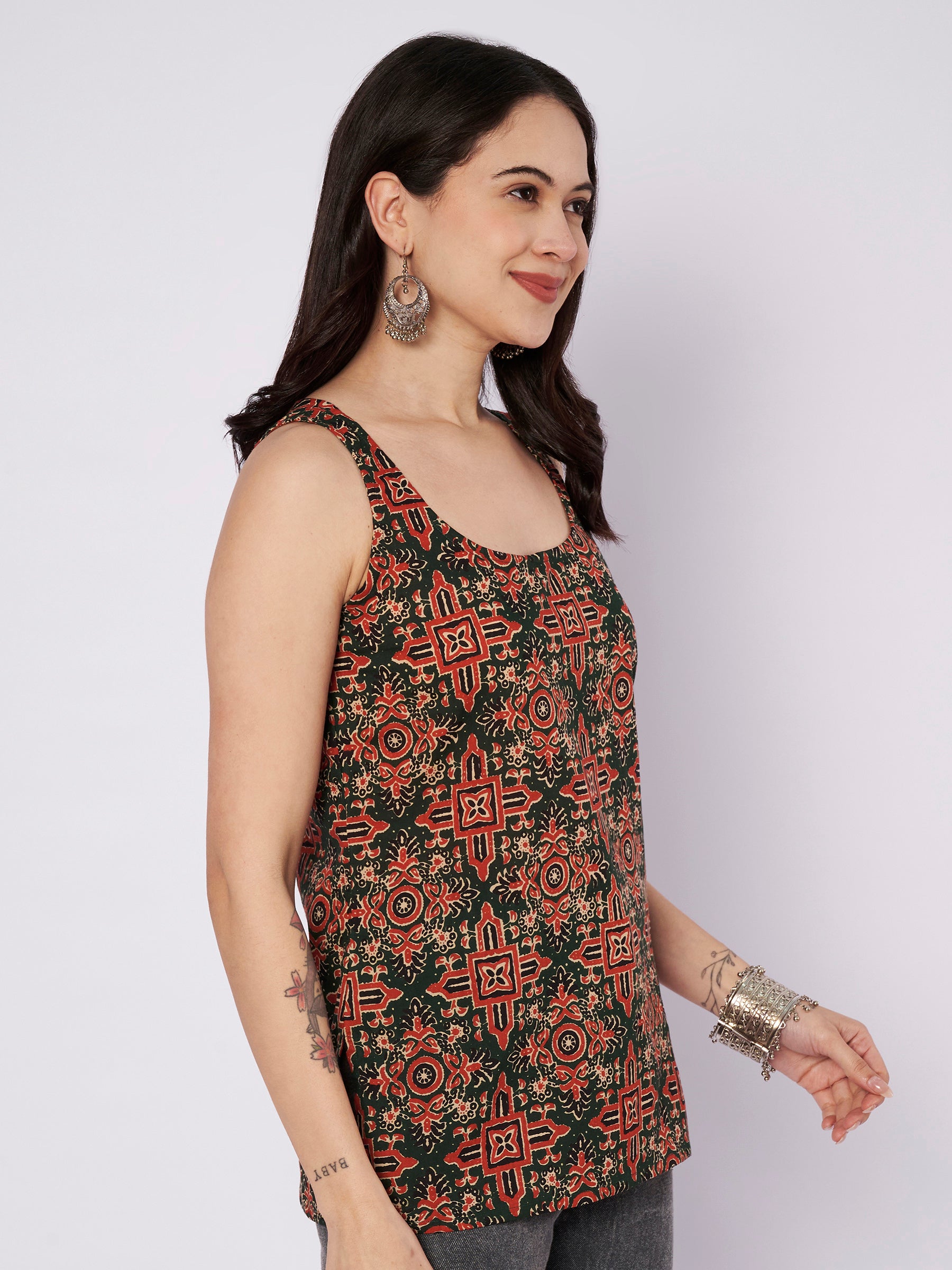 Dark Green Printed Sleeveless Cotton Top