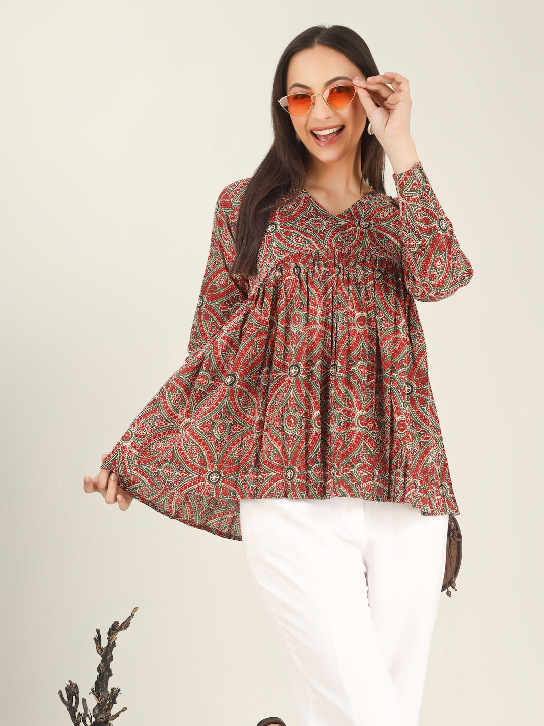 Maroon Printed Full-Sleeves Alia-Cut Cotton Top