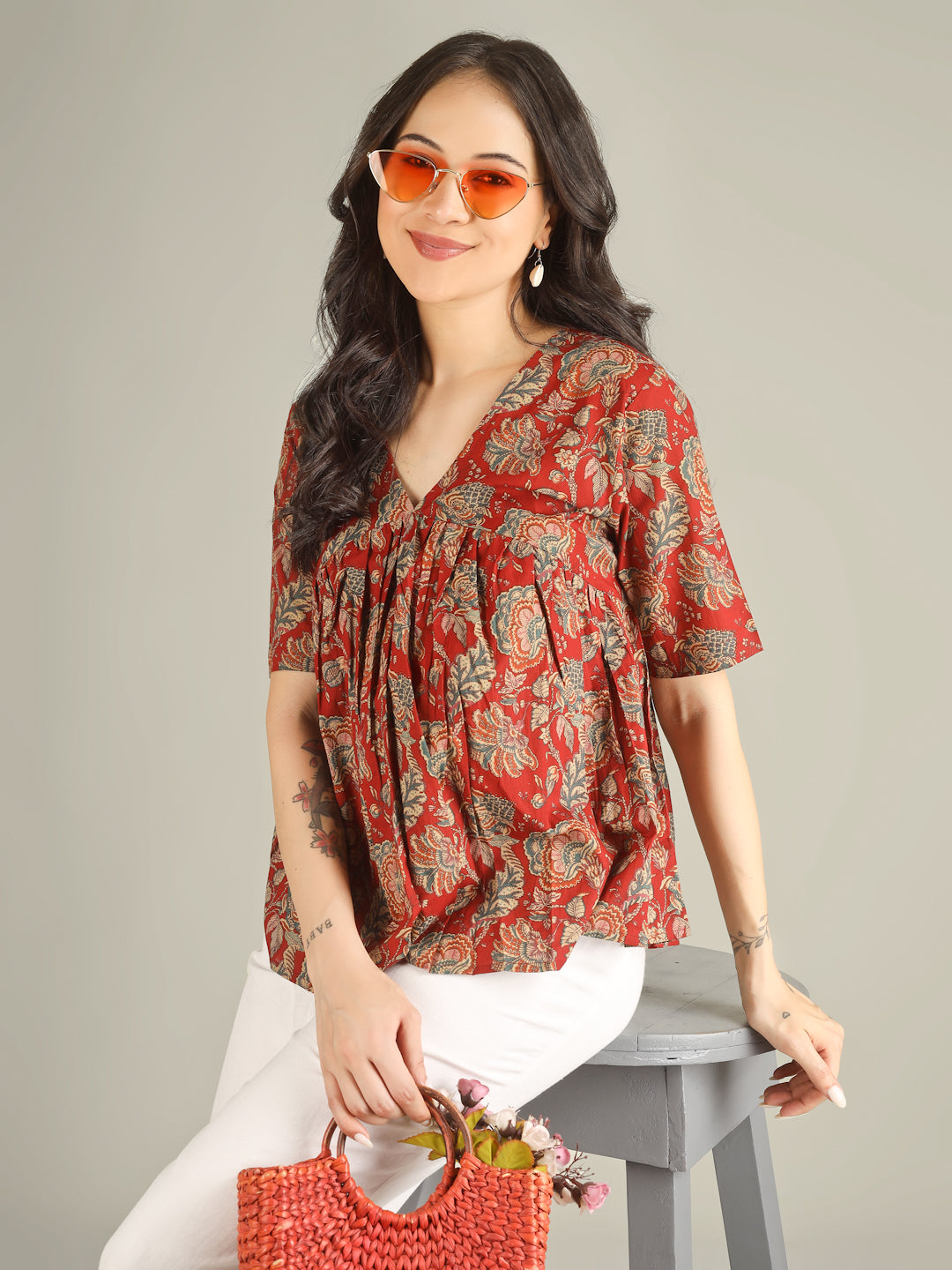 Maroon Printed Half-Sleeve Alia-Cut Cotton Top