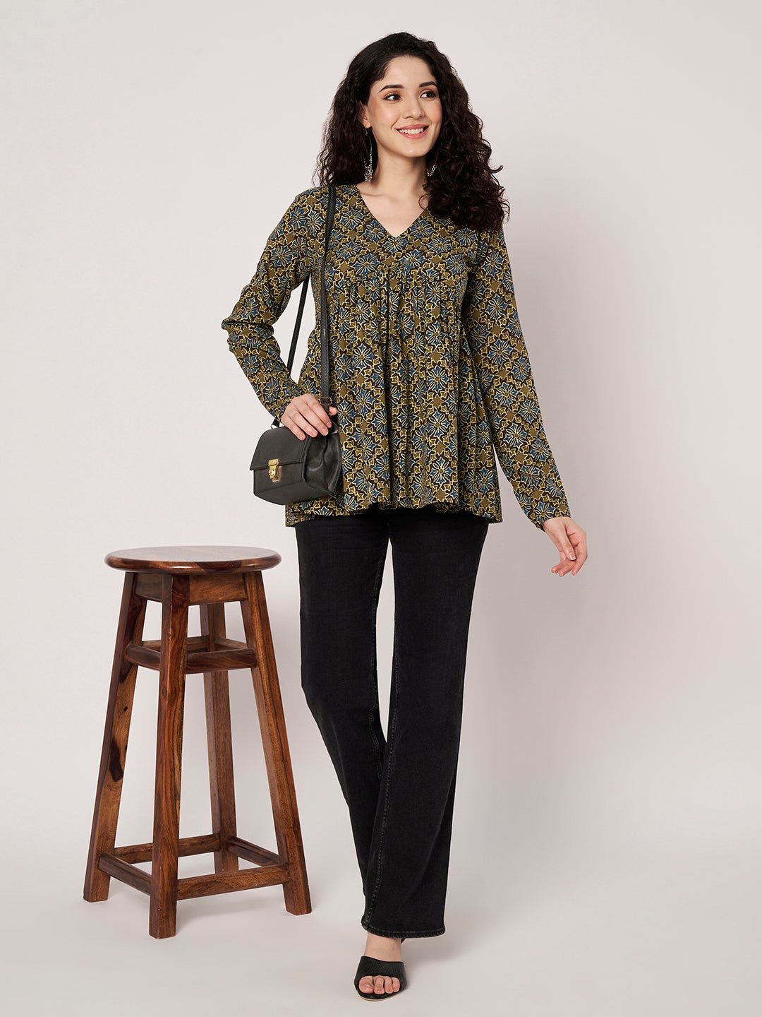 Brown Printed Alia-Cut Cotton Top
