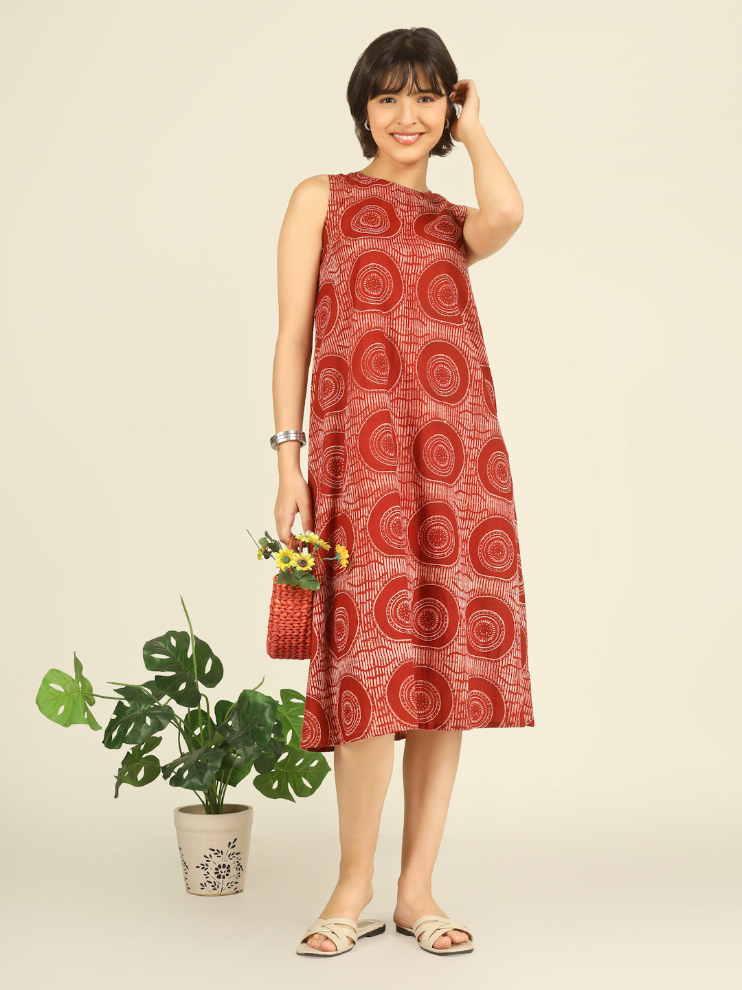 Red Printed Sleeveless A-Line Cotton Dress