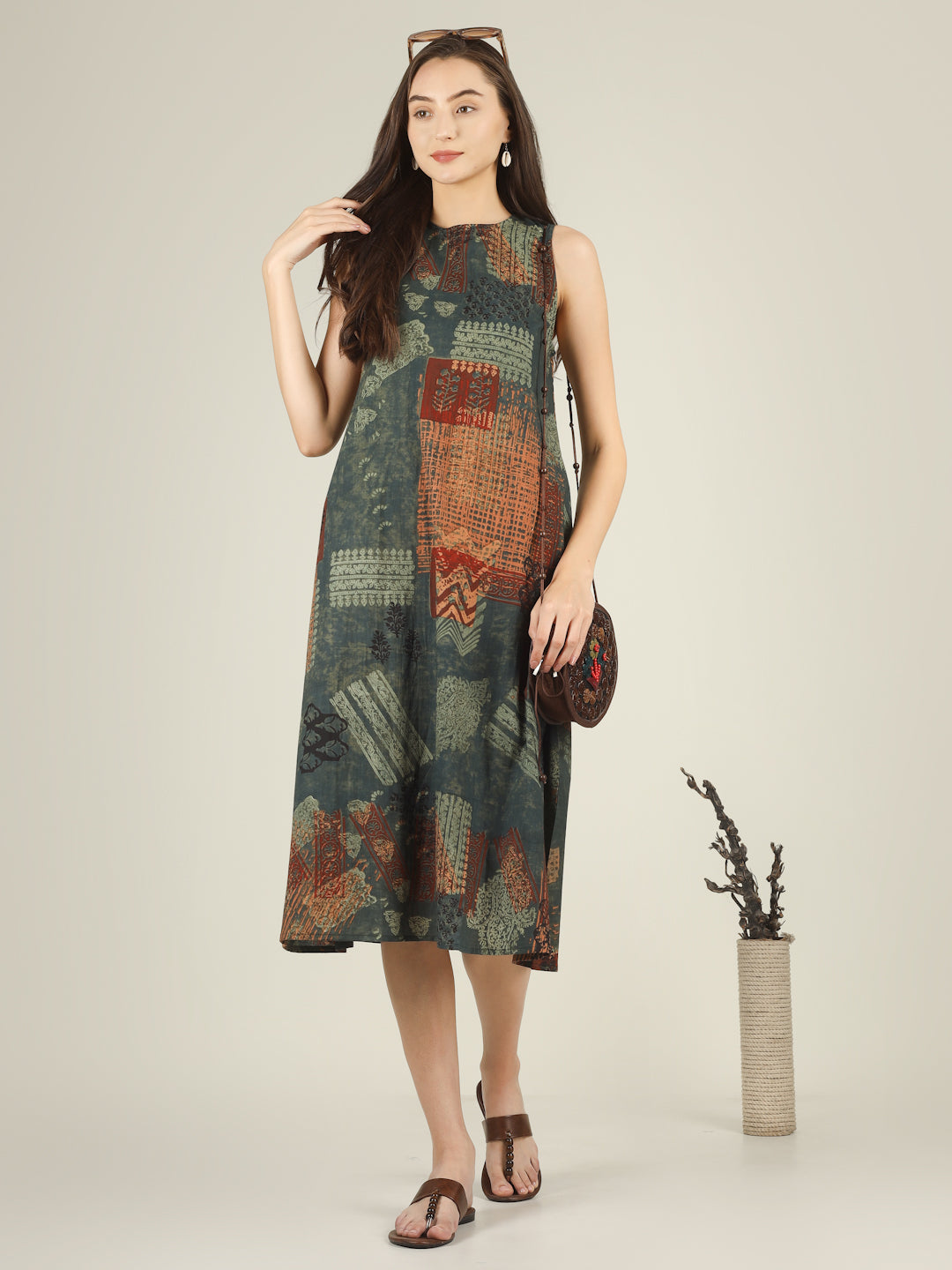Green Printed Sleeveless A-Line Cotton Dress