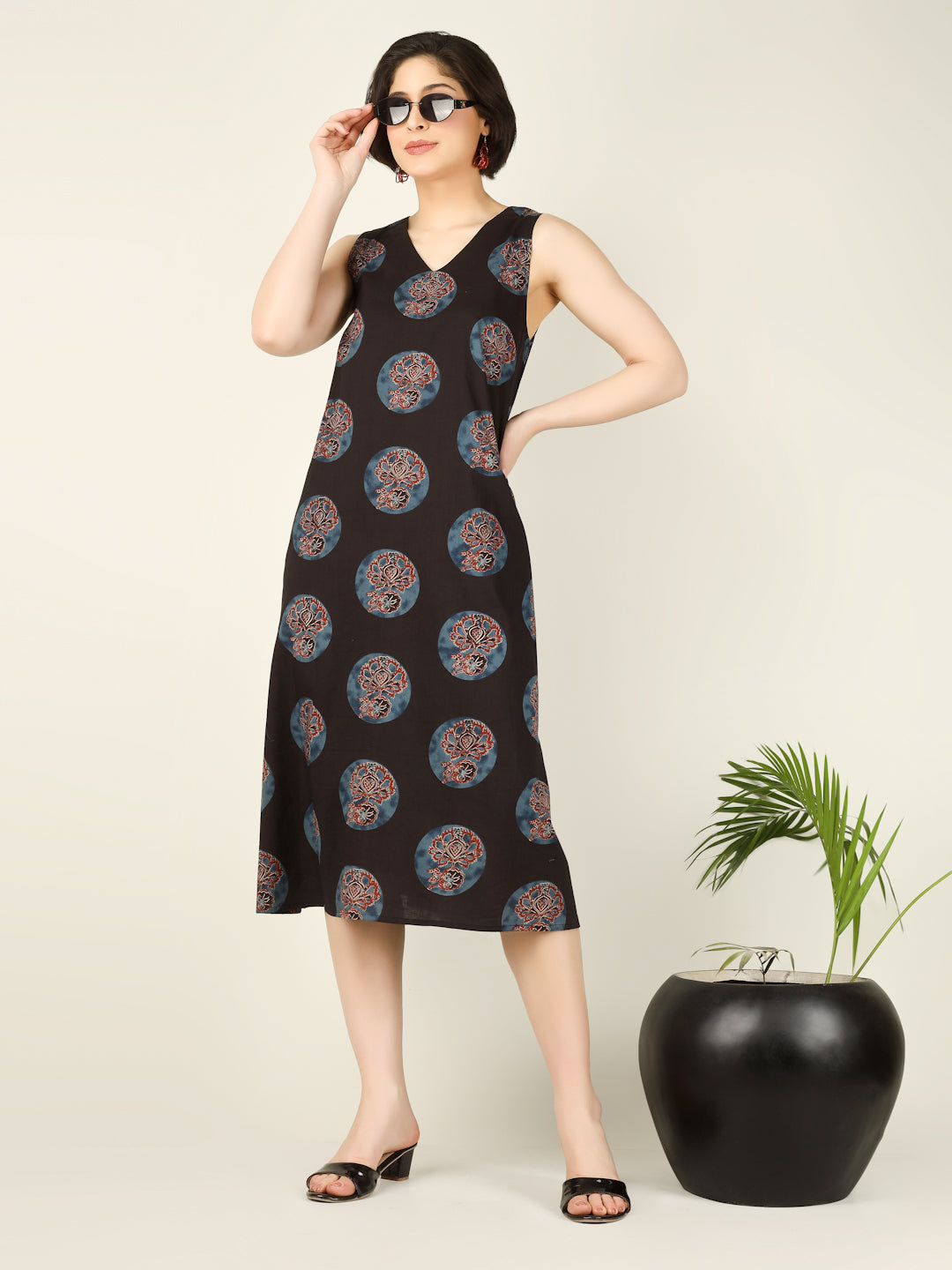 Black Printed Sleeveless V-Neck A-Line Cotton Dress