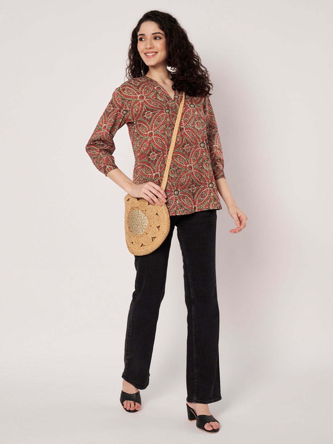 Maroon Printed V-Neck Cotton Top