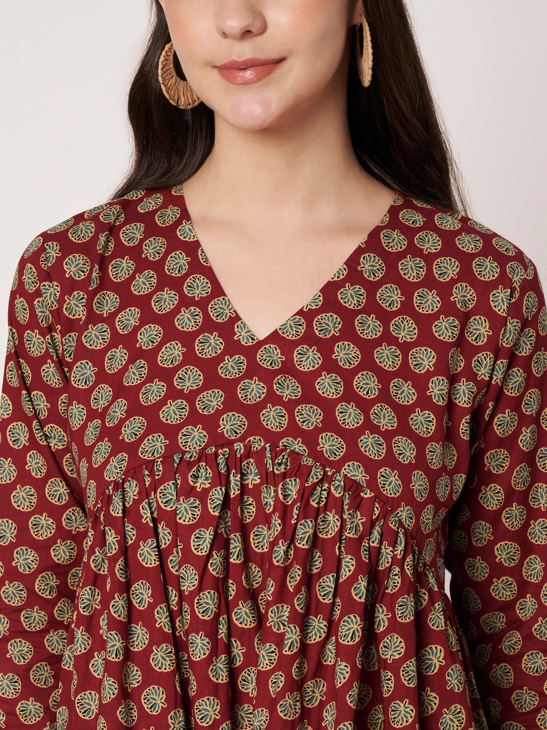 Maroon Printed Alia-Cut Cotton Top