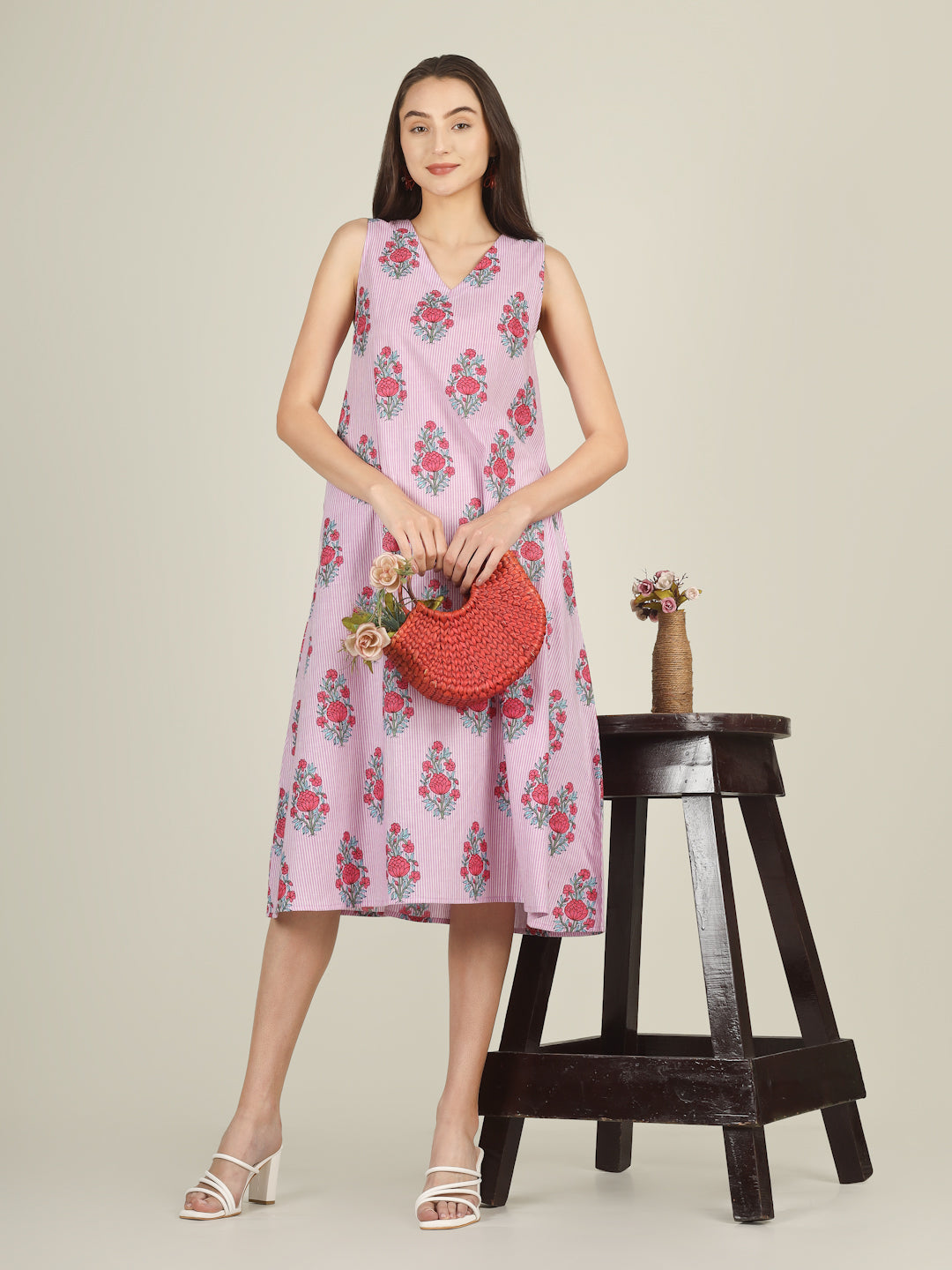 Baby Pink Striped V-Neck Sleeveless A-Line Cotton Dress