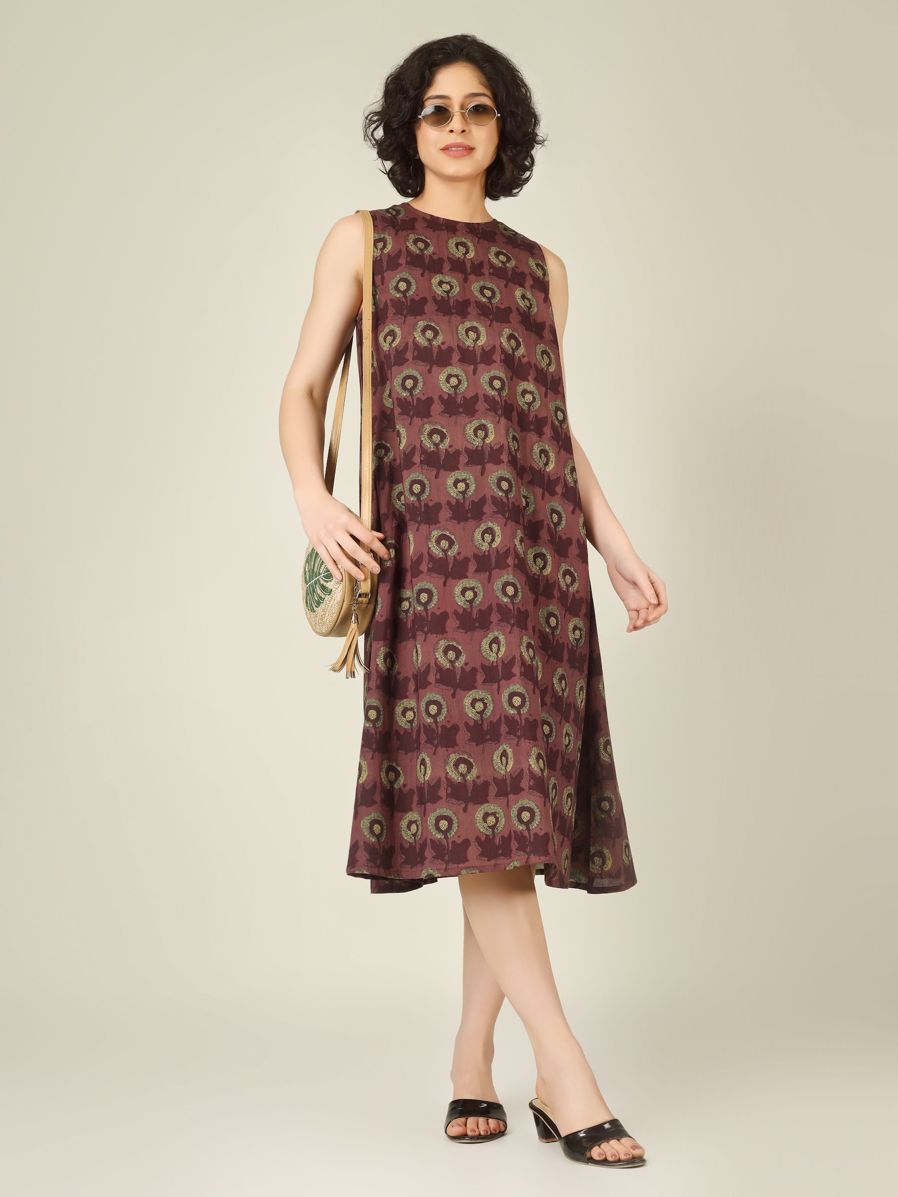 Brownish Red Printed Sleeveless A-Line Cotton Dress