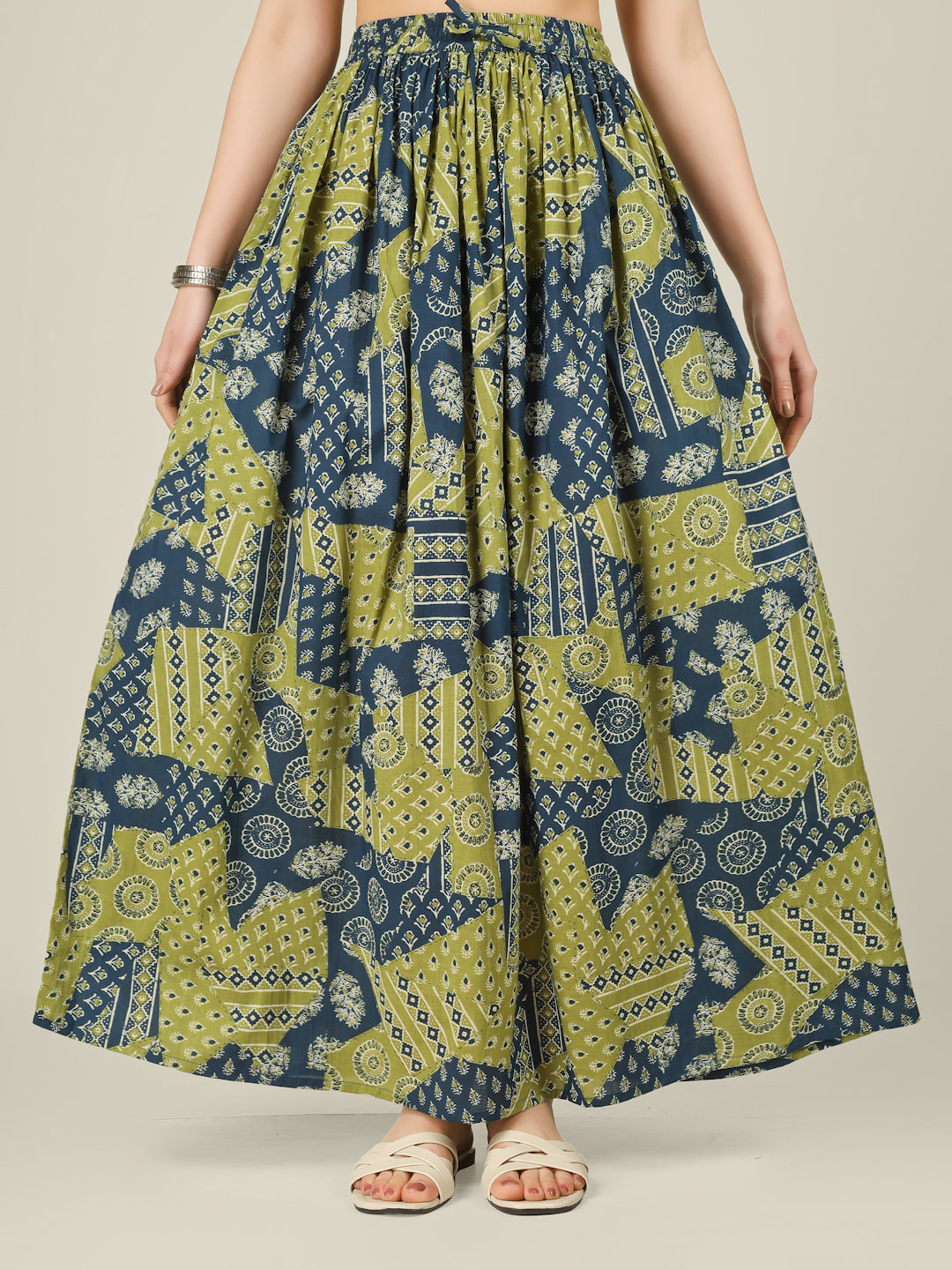 Green and Blue Printed Cotton Maxi Skirt