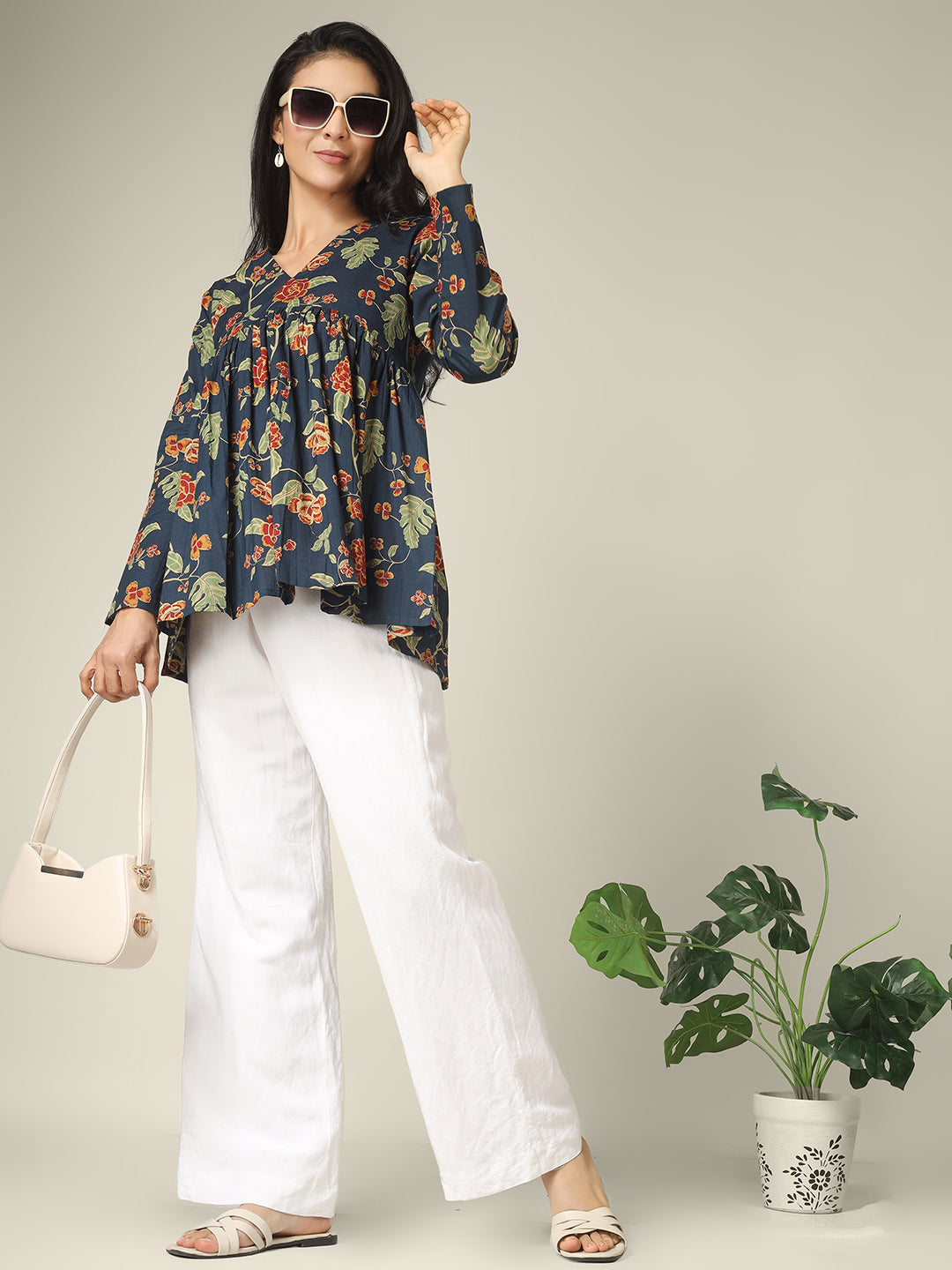 Navy Blue Printed Alia-Cut Cotton Peplum Top