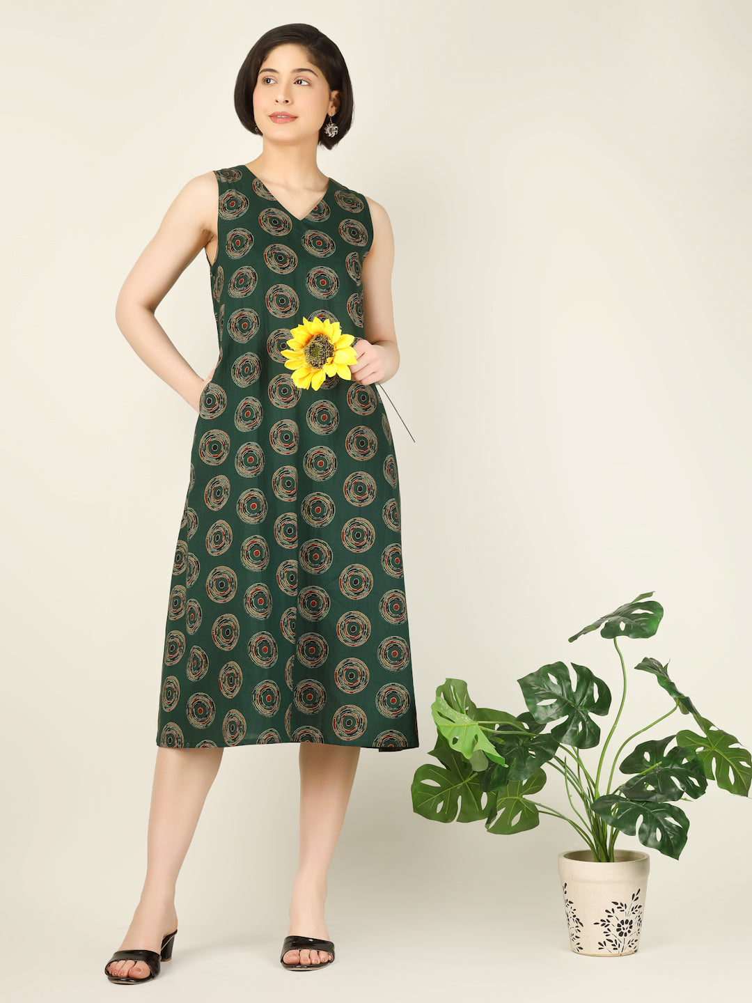 Dark Green Printed Sleeveless V-Neck A-Line Cotton Dress