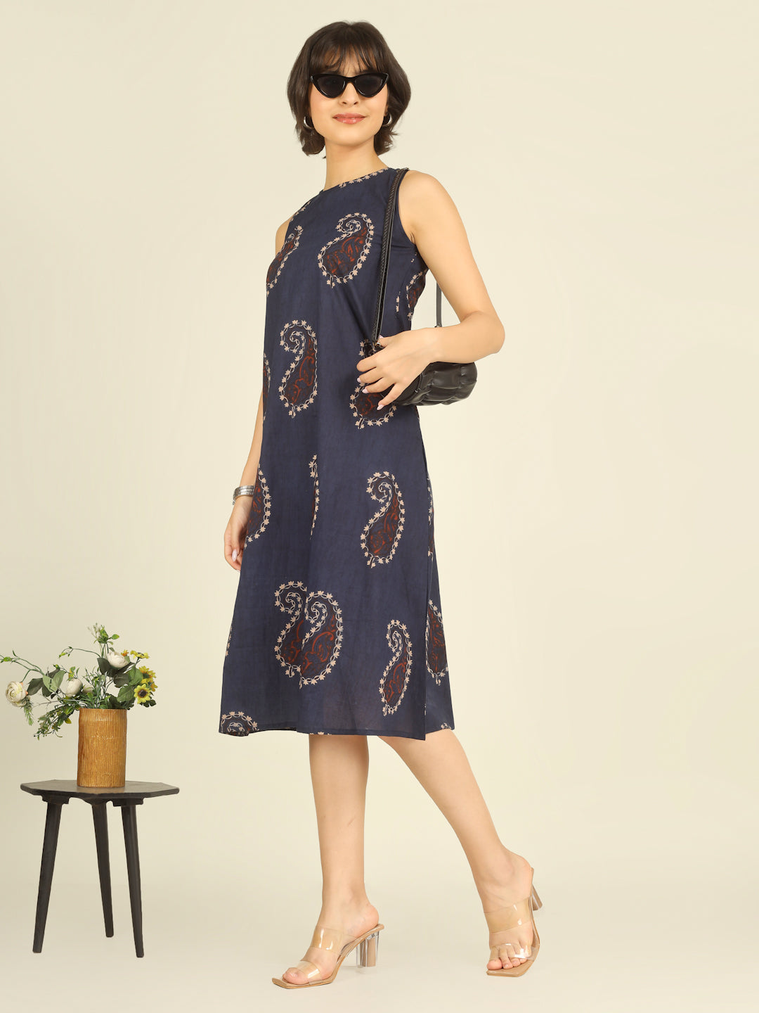 Navy Blue Printed Sleeveless A-Line Cotton Dress