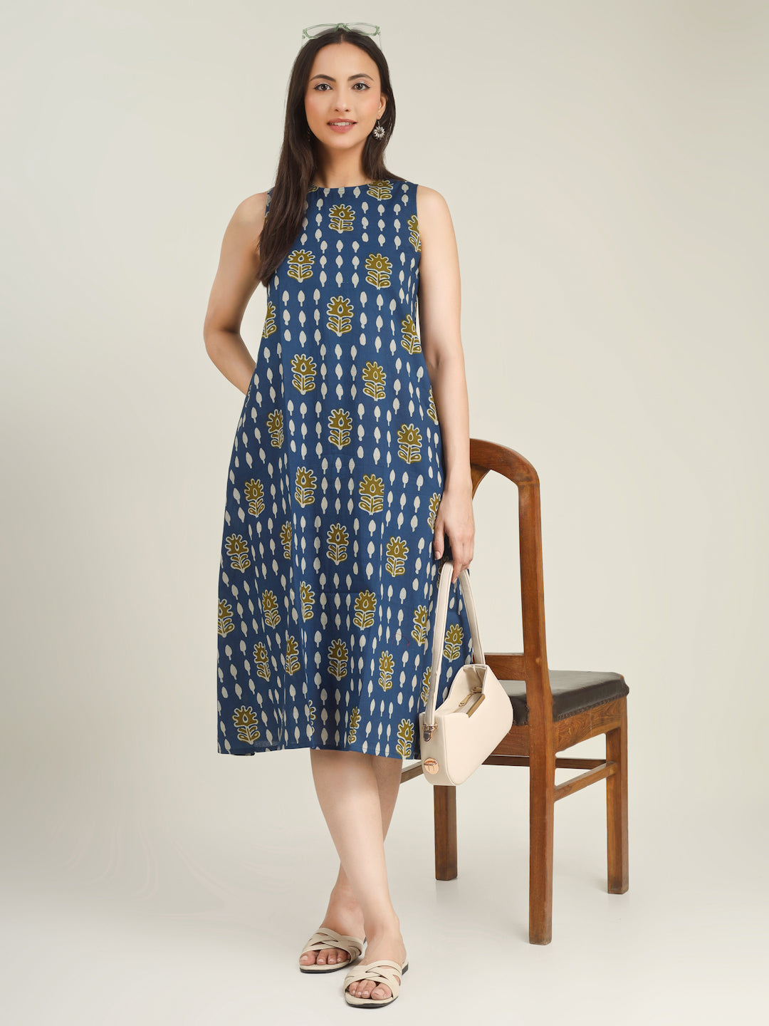 Blue Printed Sleeveless A-Line Cotton Dress