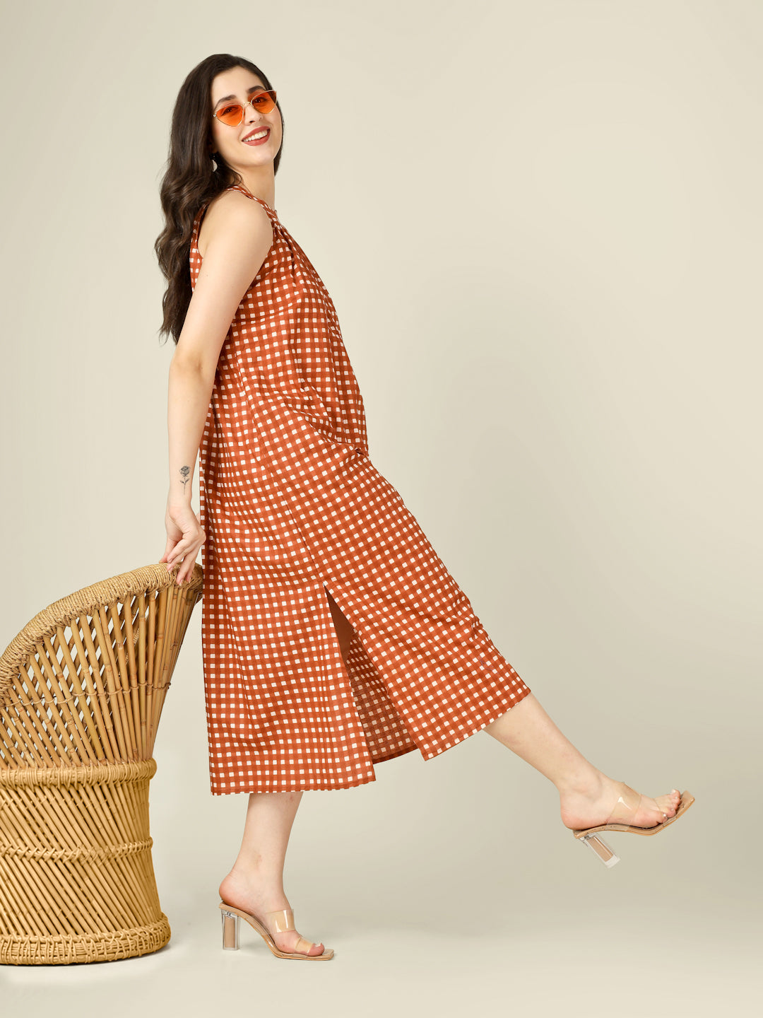 Brown Checked Halter Neck Long Sleeveless Cotton Dress