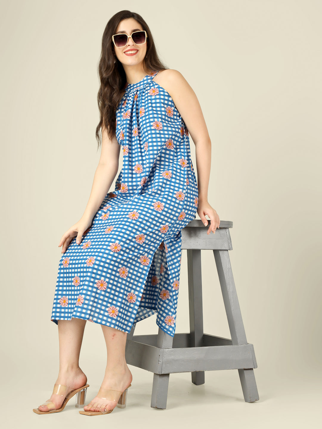 Blue Checked Halter Neck Long Sleeveless Cotton Dress