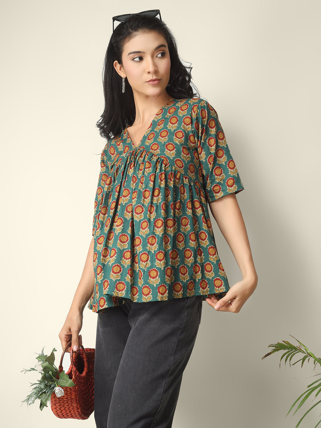 Green Printed Half-Sleeve Alia-Cut Cotton Peplum Top