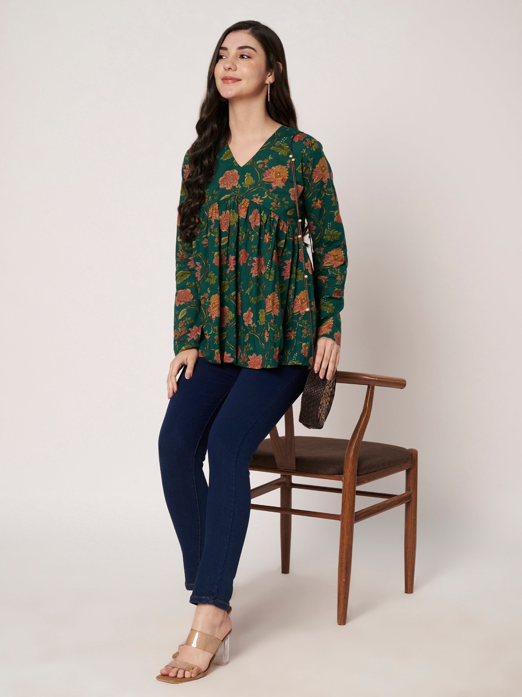 Green Printed Alia-Cut Cotton Top