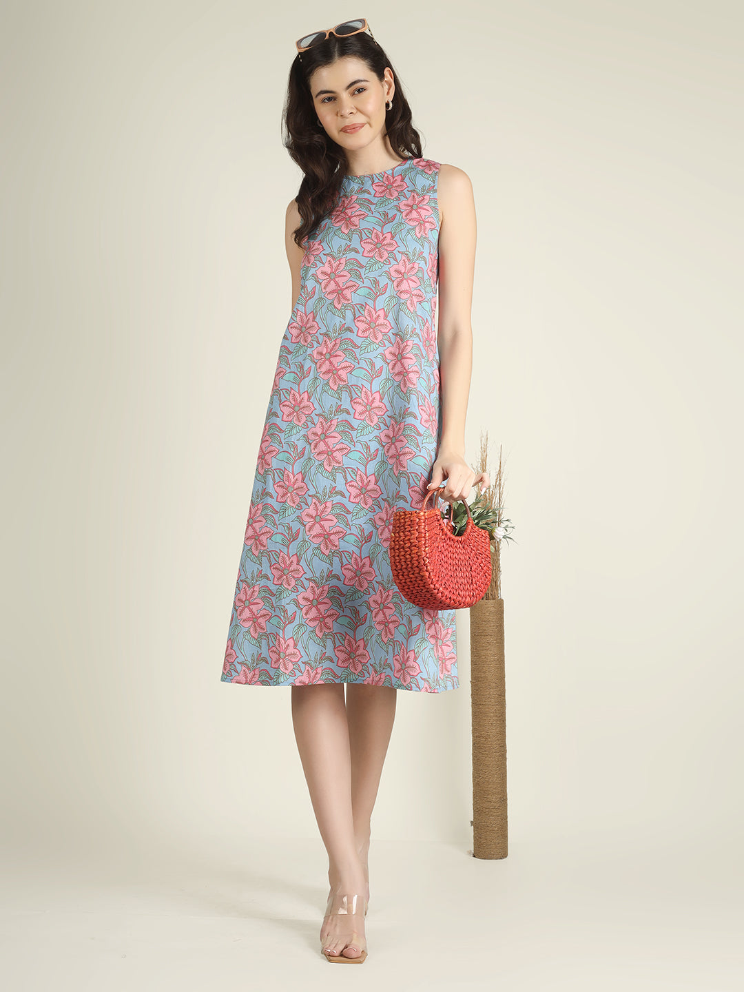 Sky Blue Printed Sleeveless A-Line Cotton Dress