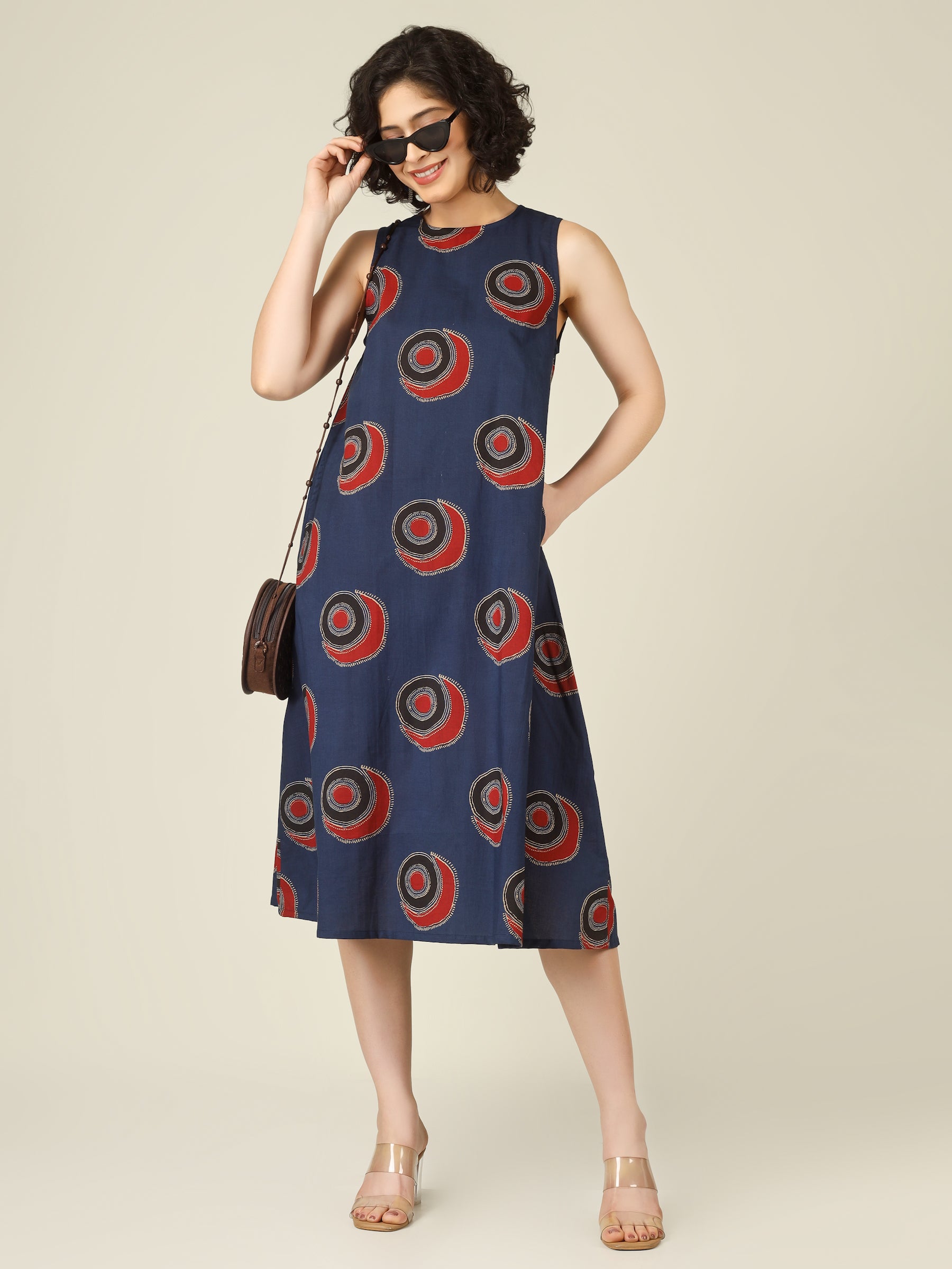 Blue Printed Sleeveless A-Line Cotton Dress