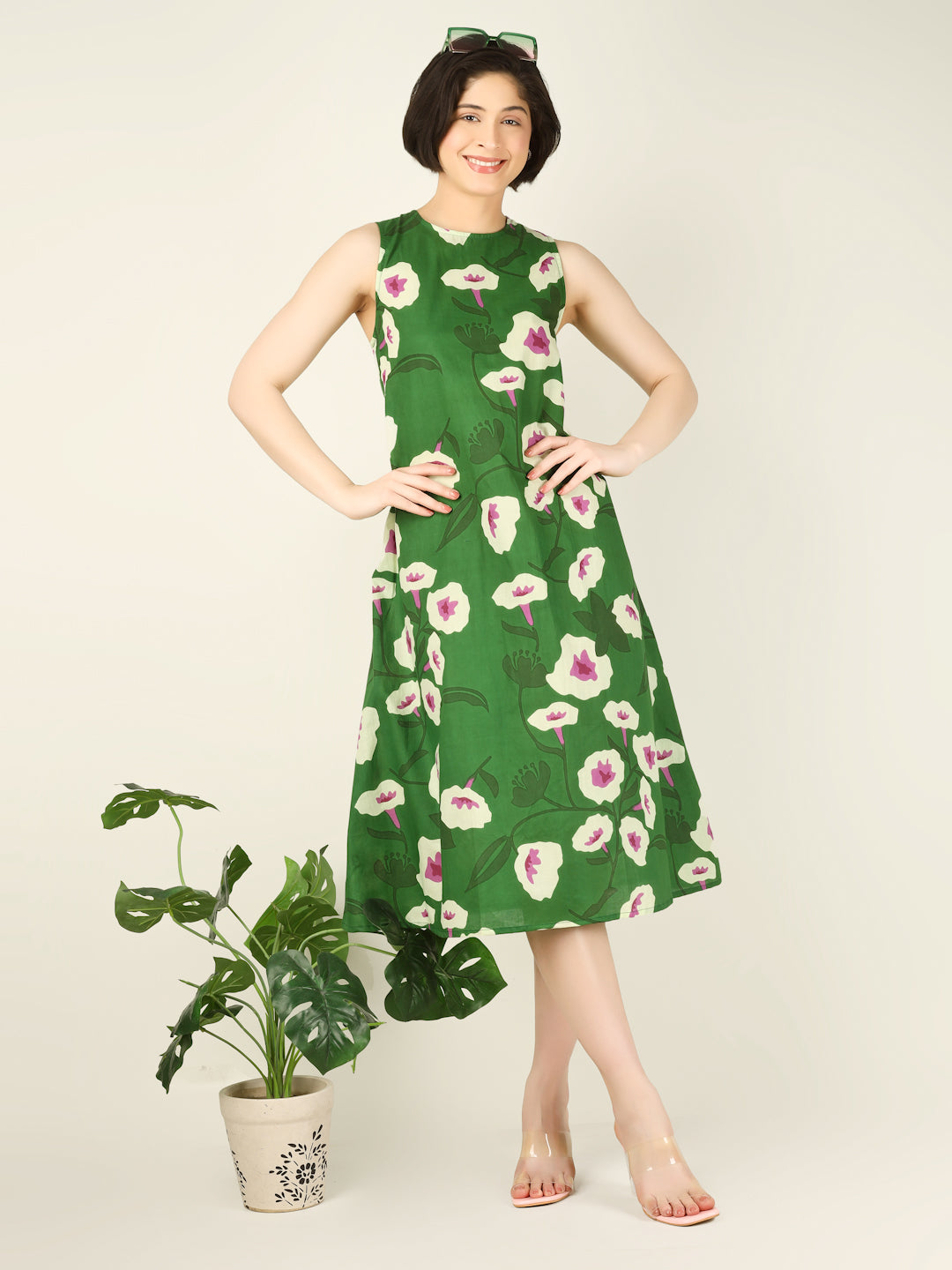 Green Printed Sleeveless A-Line Cotton Dress