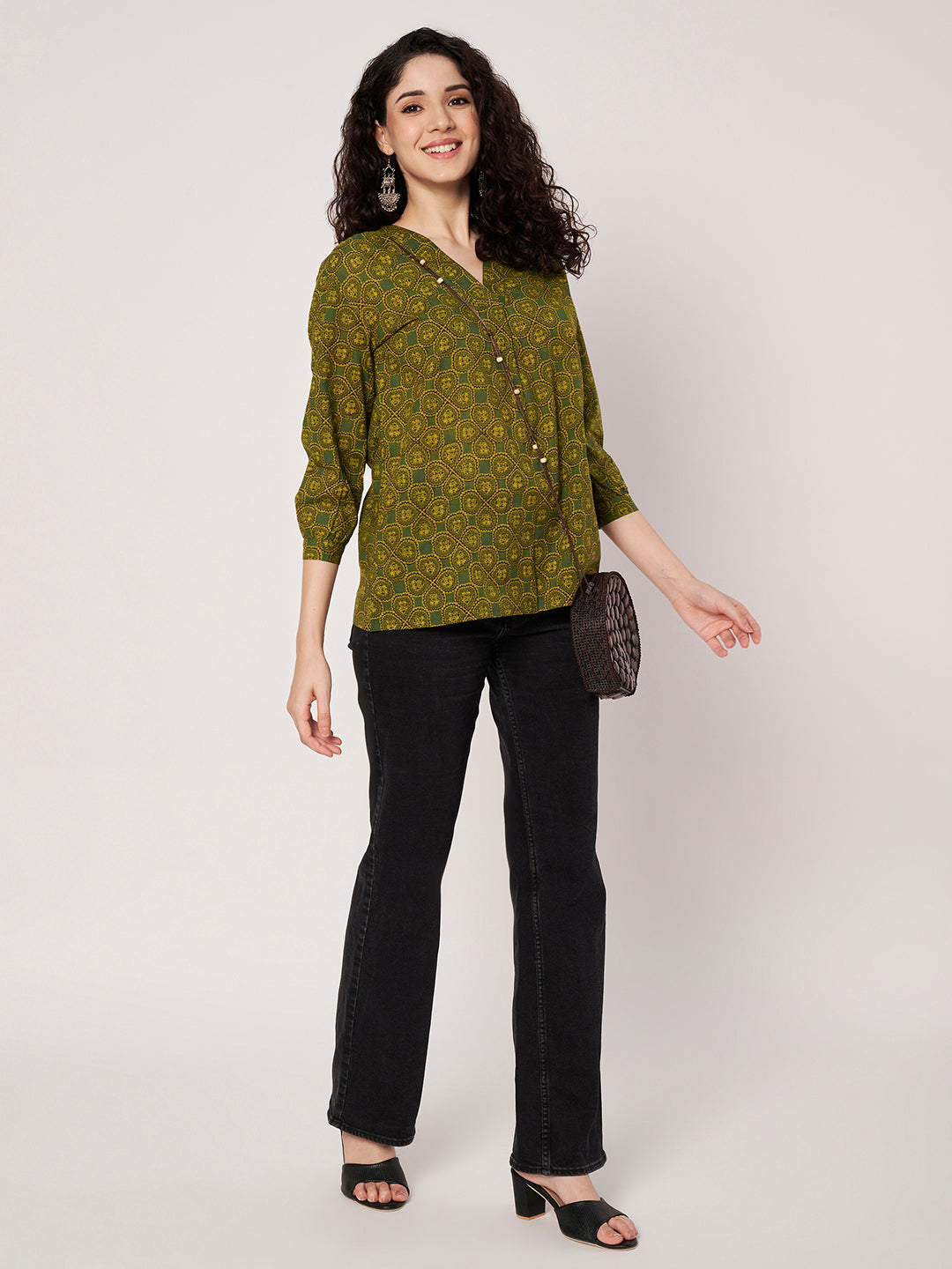 Green Printed V-Neck Cotton Top