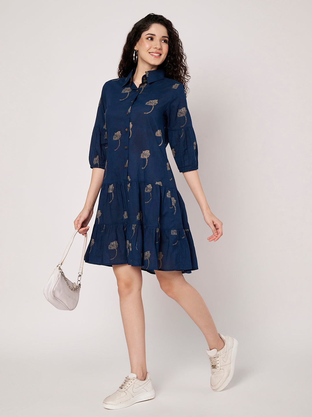 Navy Blue Printed Short Cotton Dress