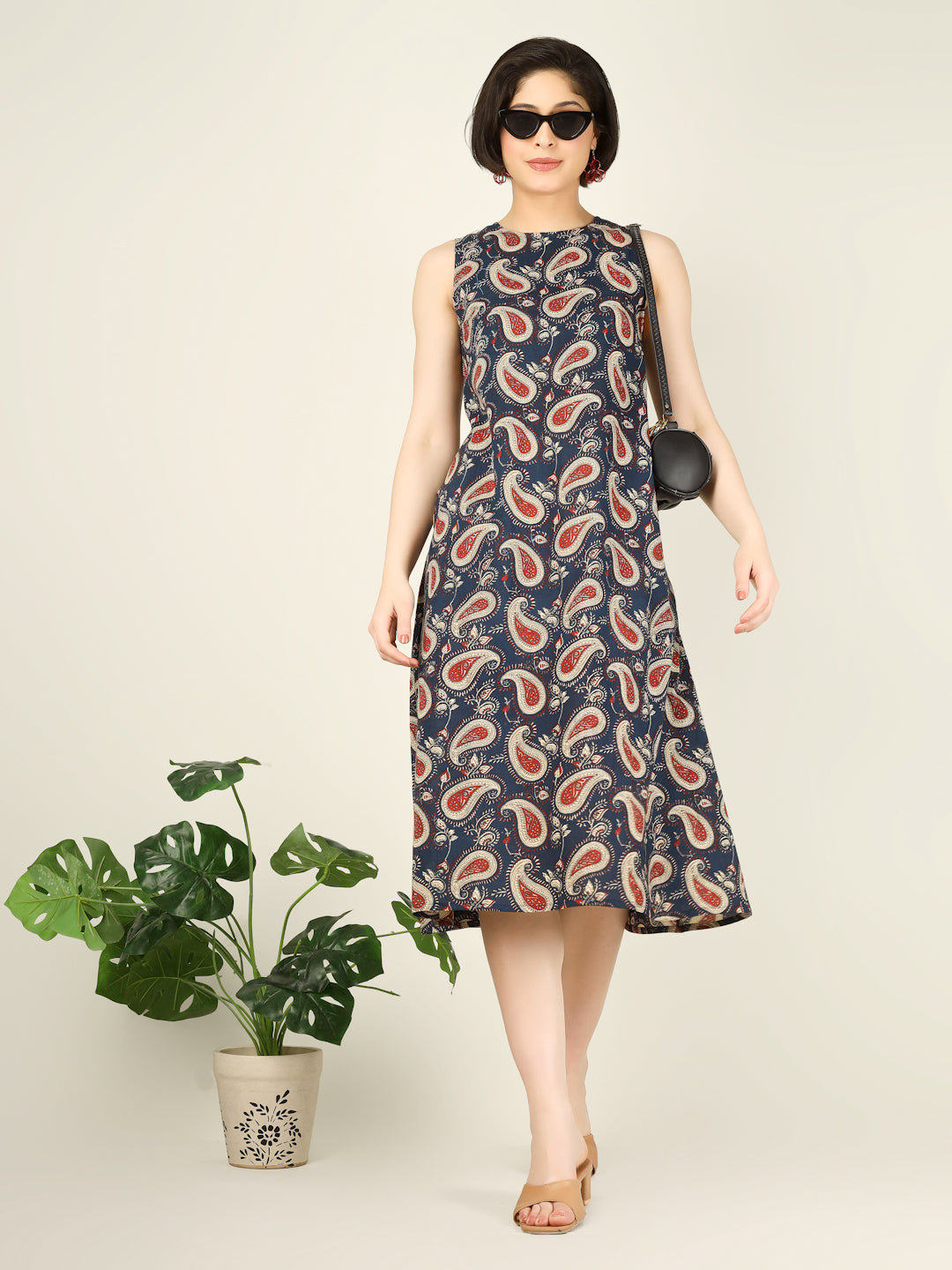 Navy Blue Printed Sleeveless A-Line Cotton Dress
