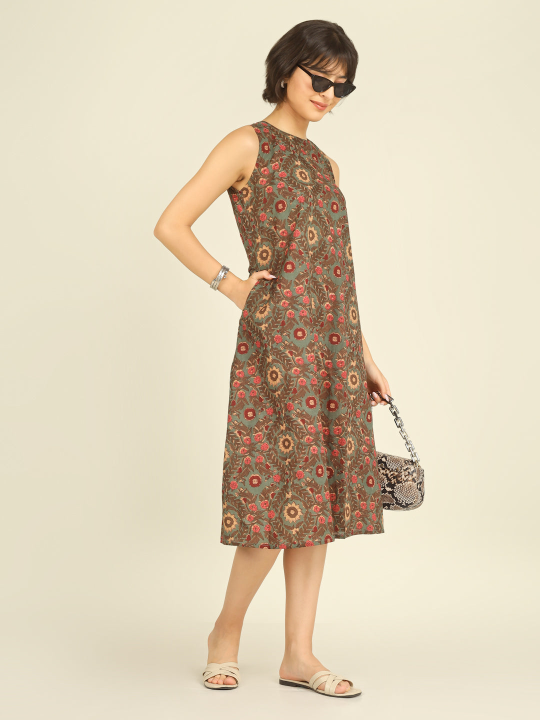 Green Printed Sleeveless A-Line Cotton Dress