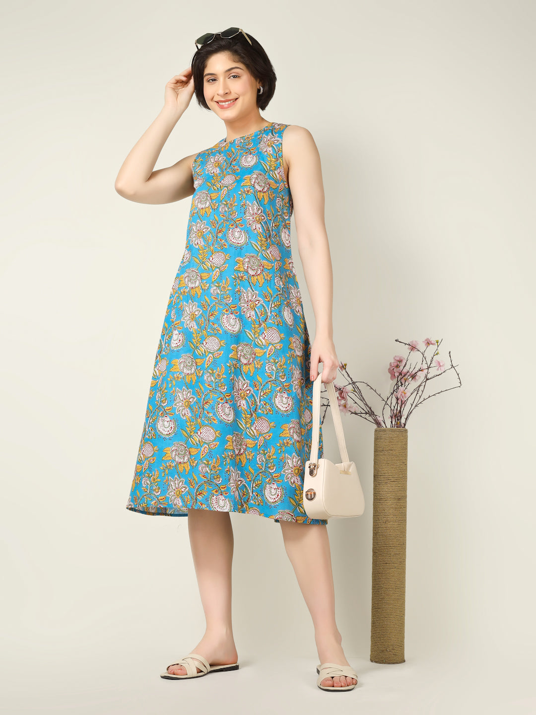 Sky Blue Printed Sleeveless A-Line Cotton Dress