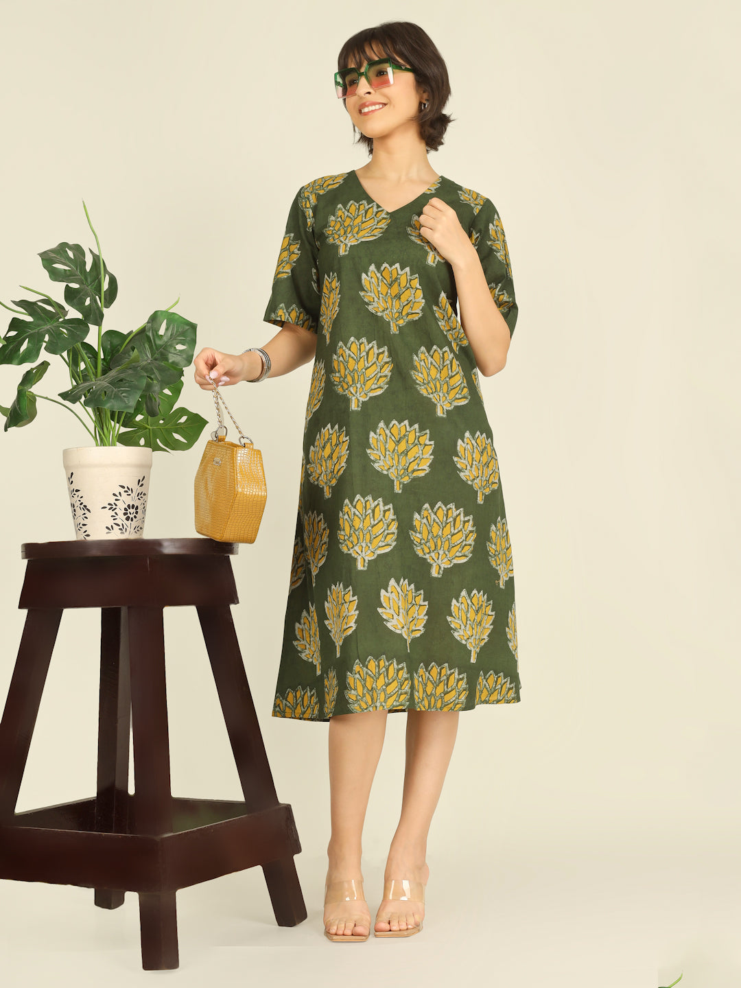 Green Printed Half-Sleeve A-Line Cotton Dress