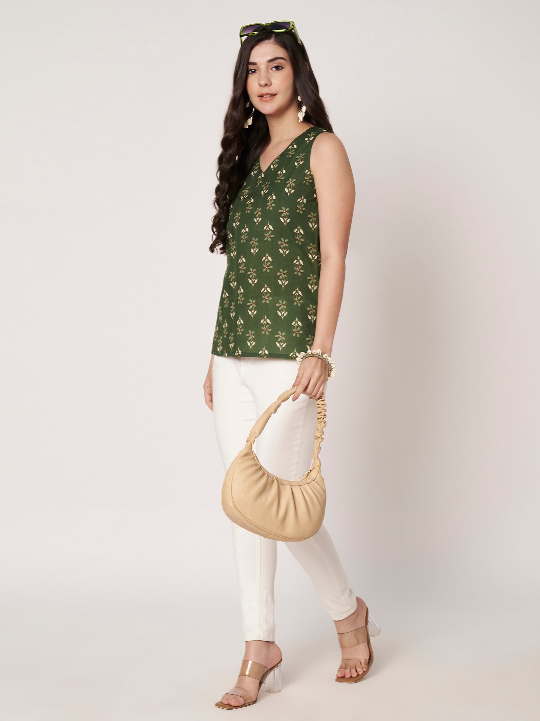 Green Printed Sleeveless V-Neck Cotton Top