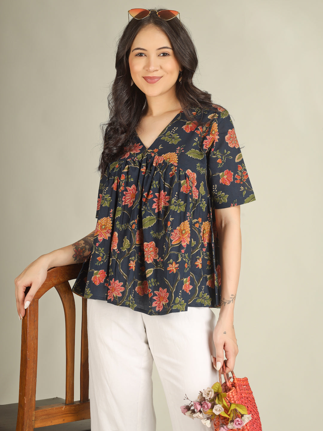 Navy Blue Printed Half-Sleeve Alia-Cut Cotton Top