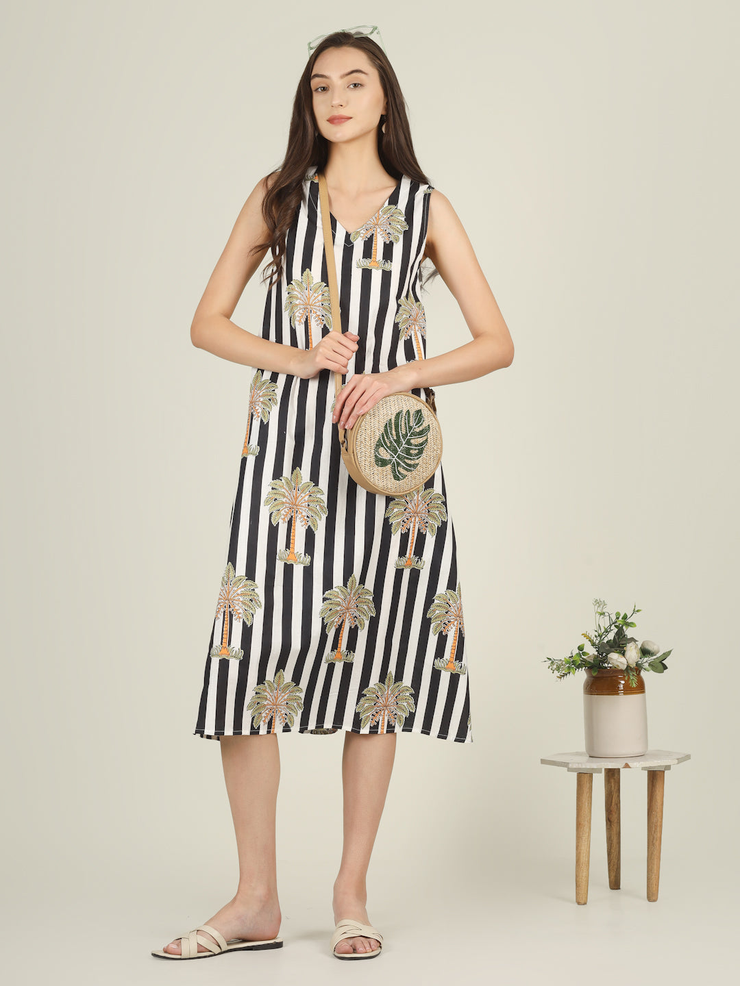 Black Striped V-Neck Sleeveless A-Line Cotton Dress