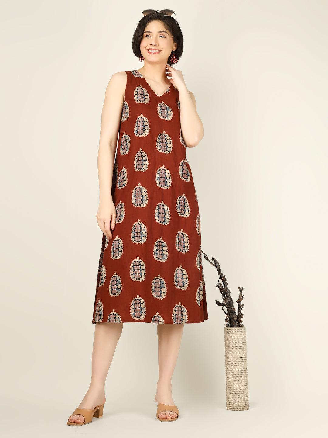Rust Printed Sleeveless V-Neck A-Line Cotton Dress