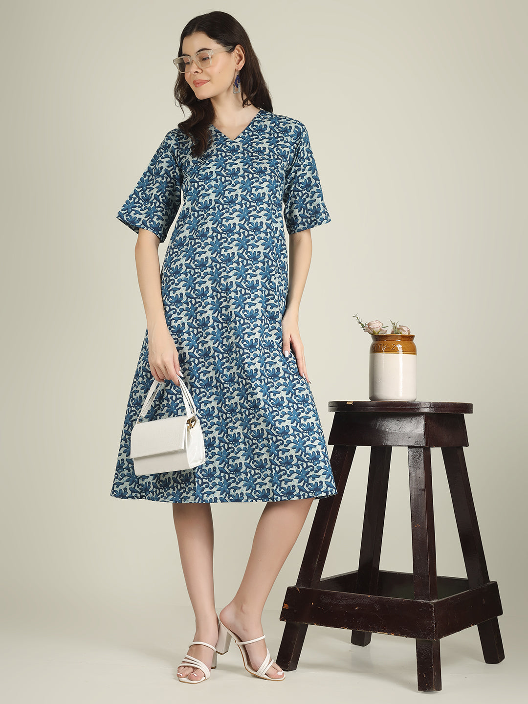 Blue Printed Half-Sleeve A-Line Cotton Dress