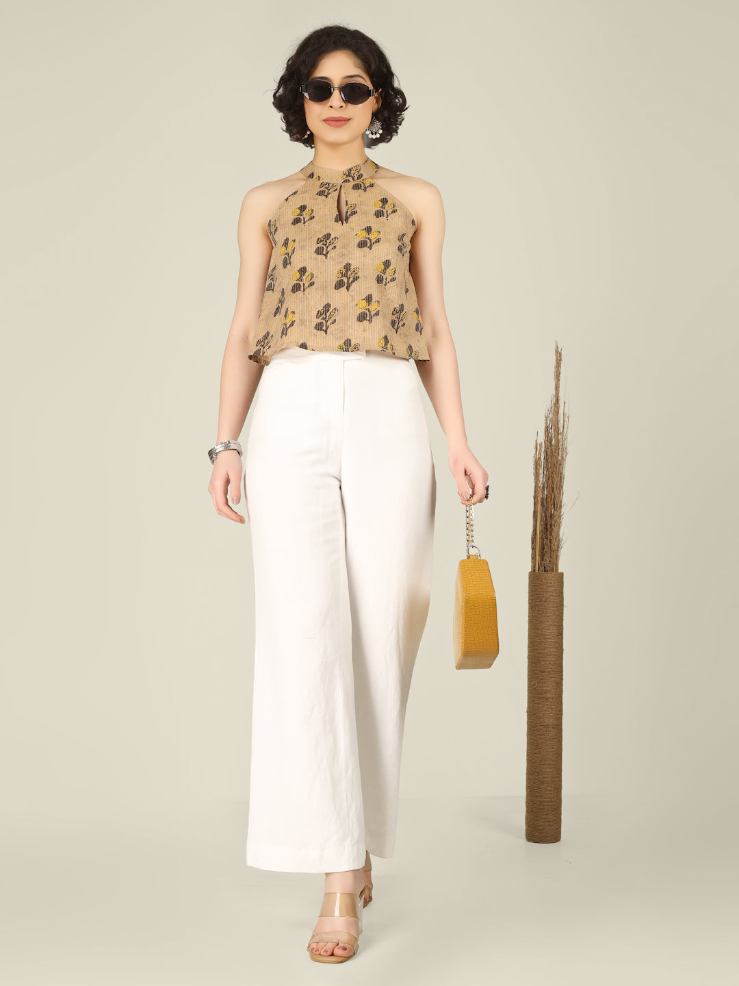 Beige Printed Halter Neck Sleeveless Cotton Top